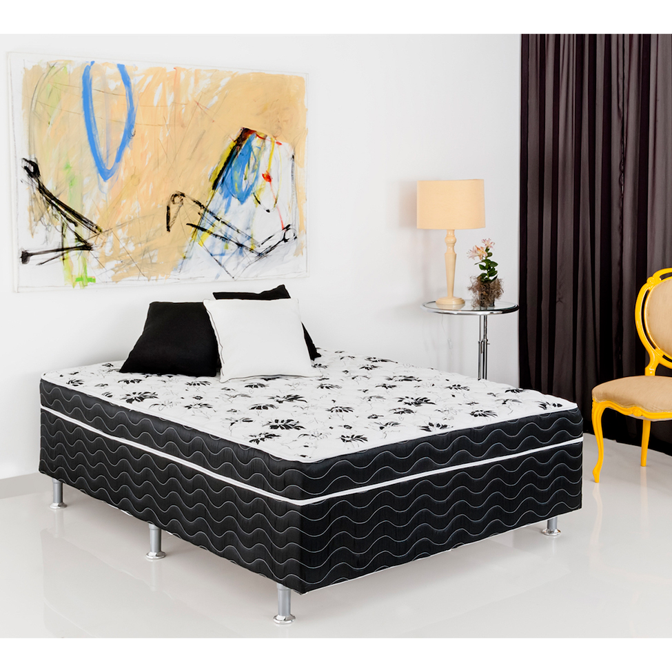 Cama Box Casal Conjugada Union Espuma D28 Preta e Branca