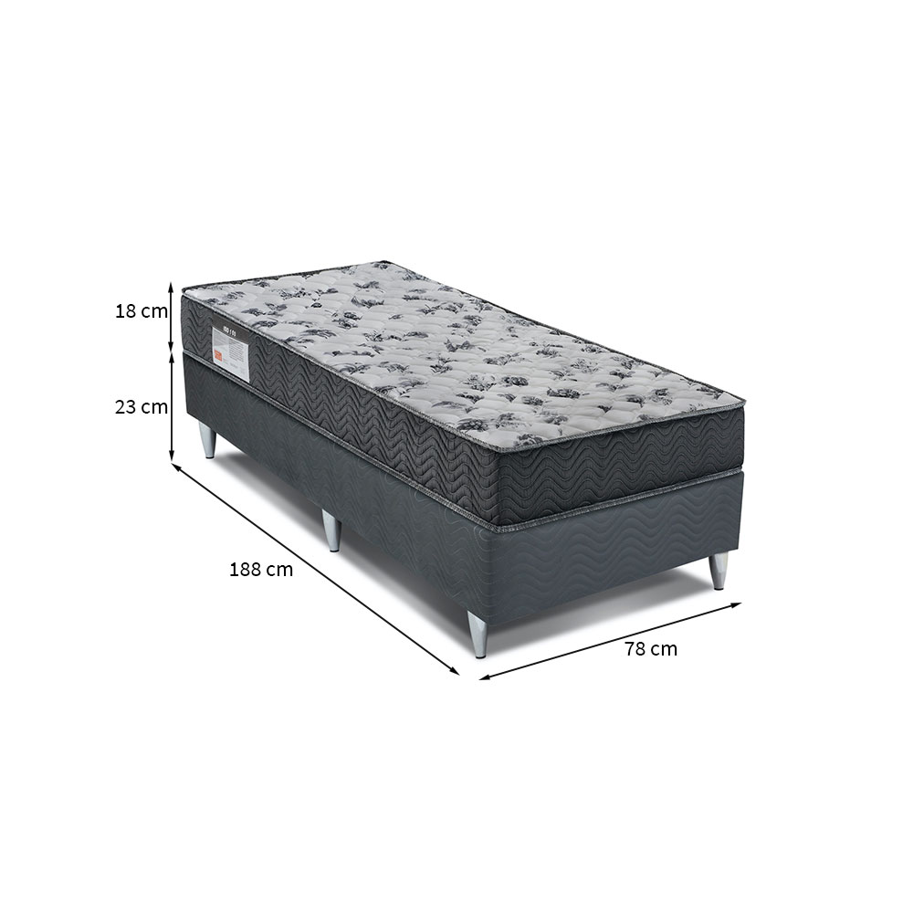Cama Box Florence II com Colchão Solteiro Espuma D33 Iso (18x78x188) Cinza e Grafite