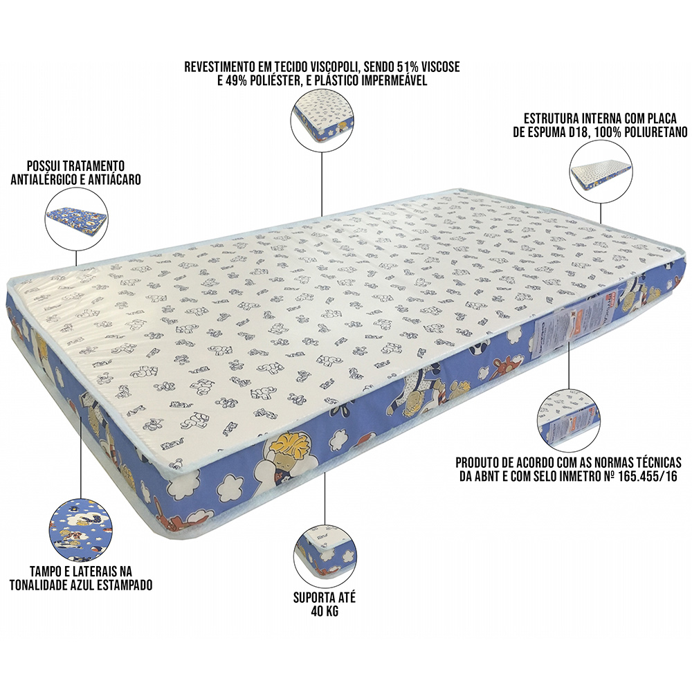 Colchão Para Berço 60x130x10 Espuma D18 Bordado Baby Physical Azul - Ortobom