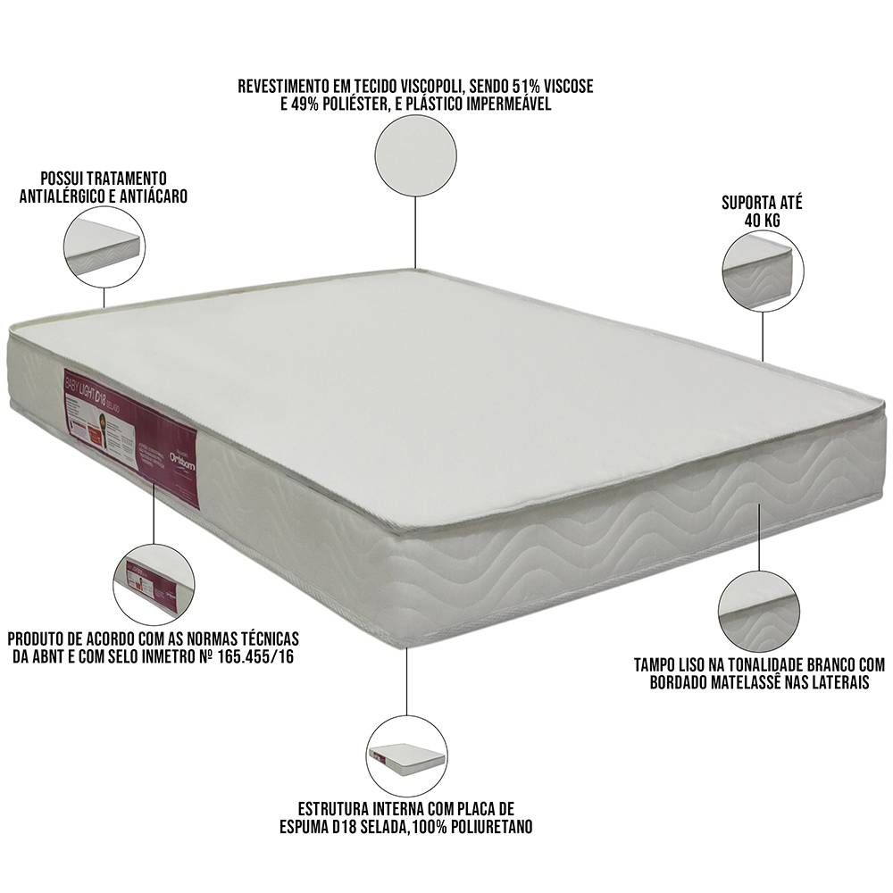 Colchão Para Berço 60x130x12 Espuma D18 Bordado Baby Light Branco - Ortobom