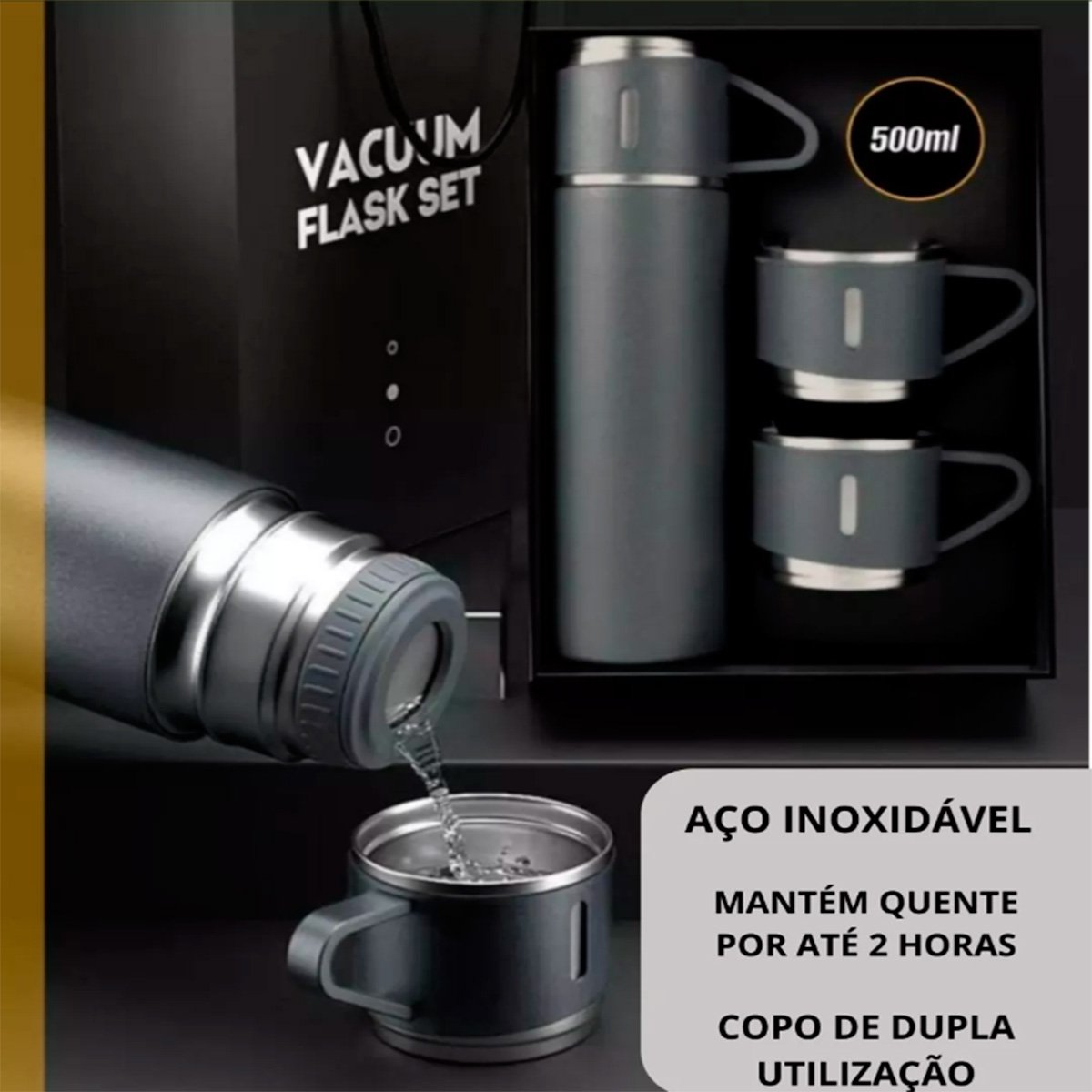 Kit Garrafa Térmica Vacuum Flask Set 500ml Com 3 Xícaras Variado