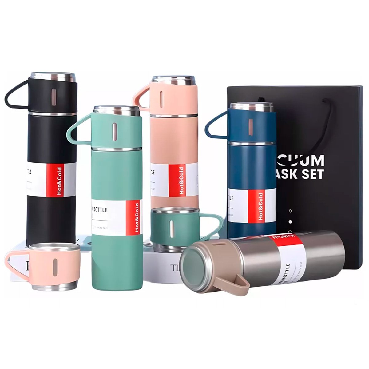 Kit Garrafa Térmica Vacuum Flask Set 500ml Com 3 Xícaras Variado