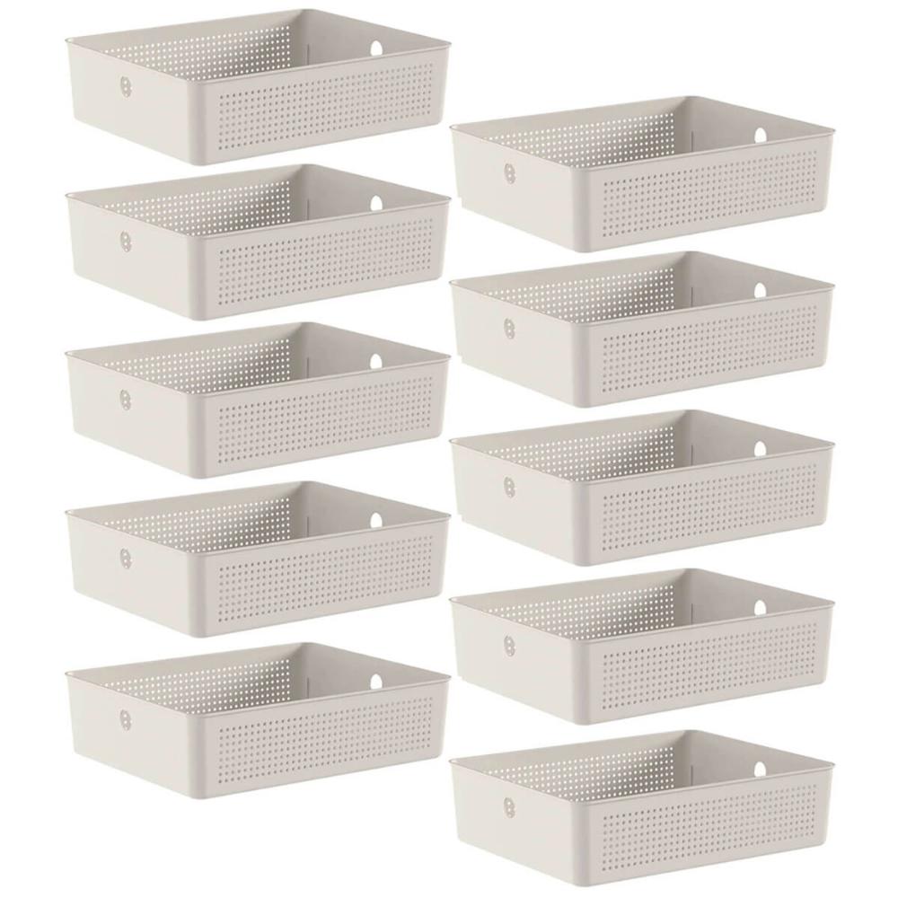 10 Caixas Organizadoras Multiuso Flow Bege 8,2L Ou Cestos Pl