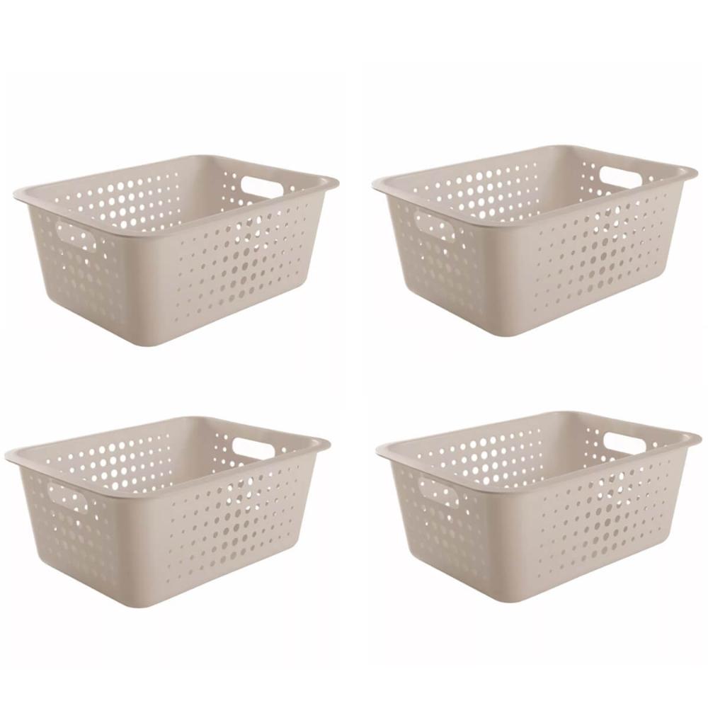 4 Caixas Organizadoras Grande Organize Cesto Plástico 14,5 Litros Bege