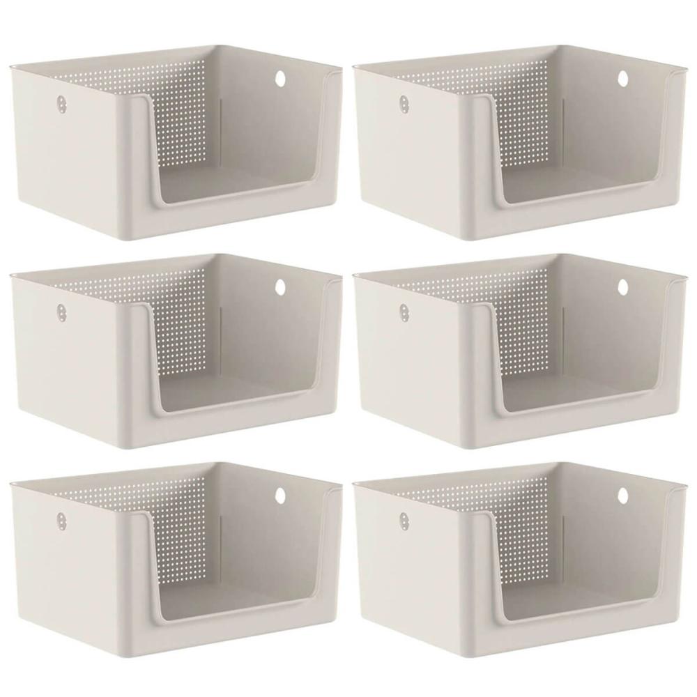 6 Caixas Organizadoras Flow 16L Cestos Bege Abertura Frontal