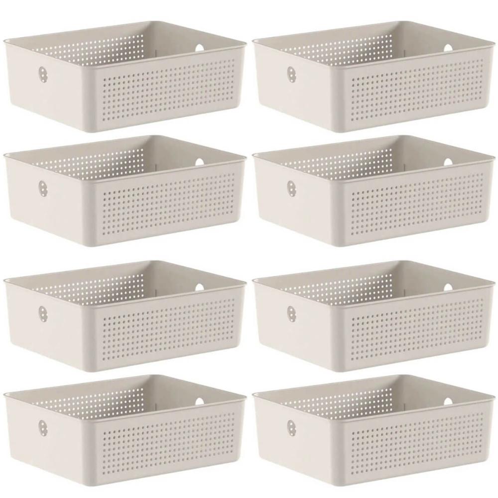 8 Caixas Organizadoras Multiuso Flow Bege 12L Ou Cestos Plásticos Lavanderia Closet