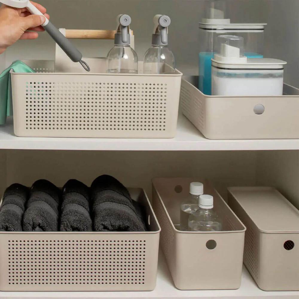 8 Caixas Organizadoras Multiuso Flow Bege 12L Ou Cestos Plásticos Lavanderia Closet