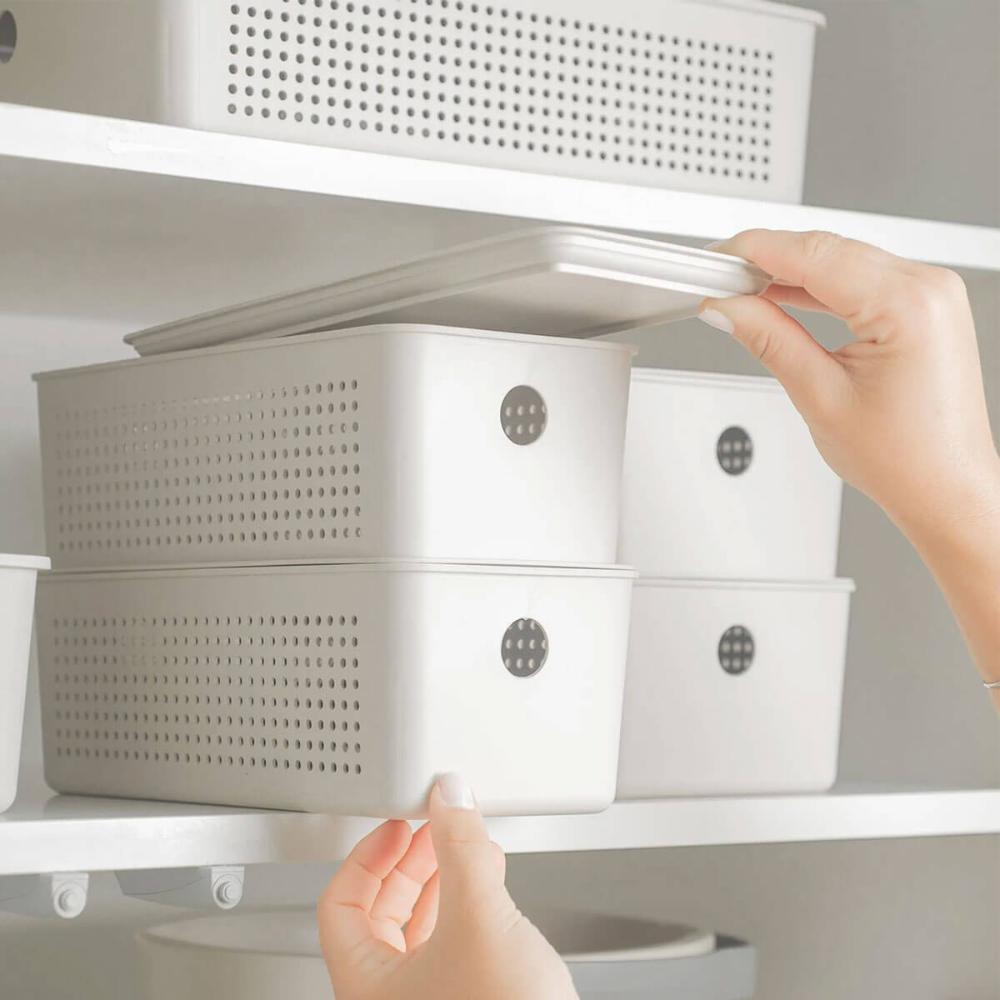 Caixa Organizadora com Tampa 27x12x10cm Bege Cesto Flow 3L O