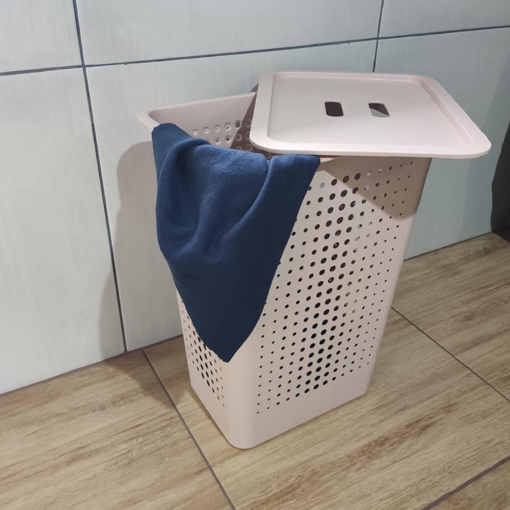 Cesto de Roupa Suja 47L Rosa Duna com Tampa para Banheiro Lavanderia Ou