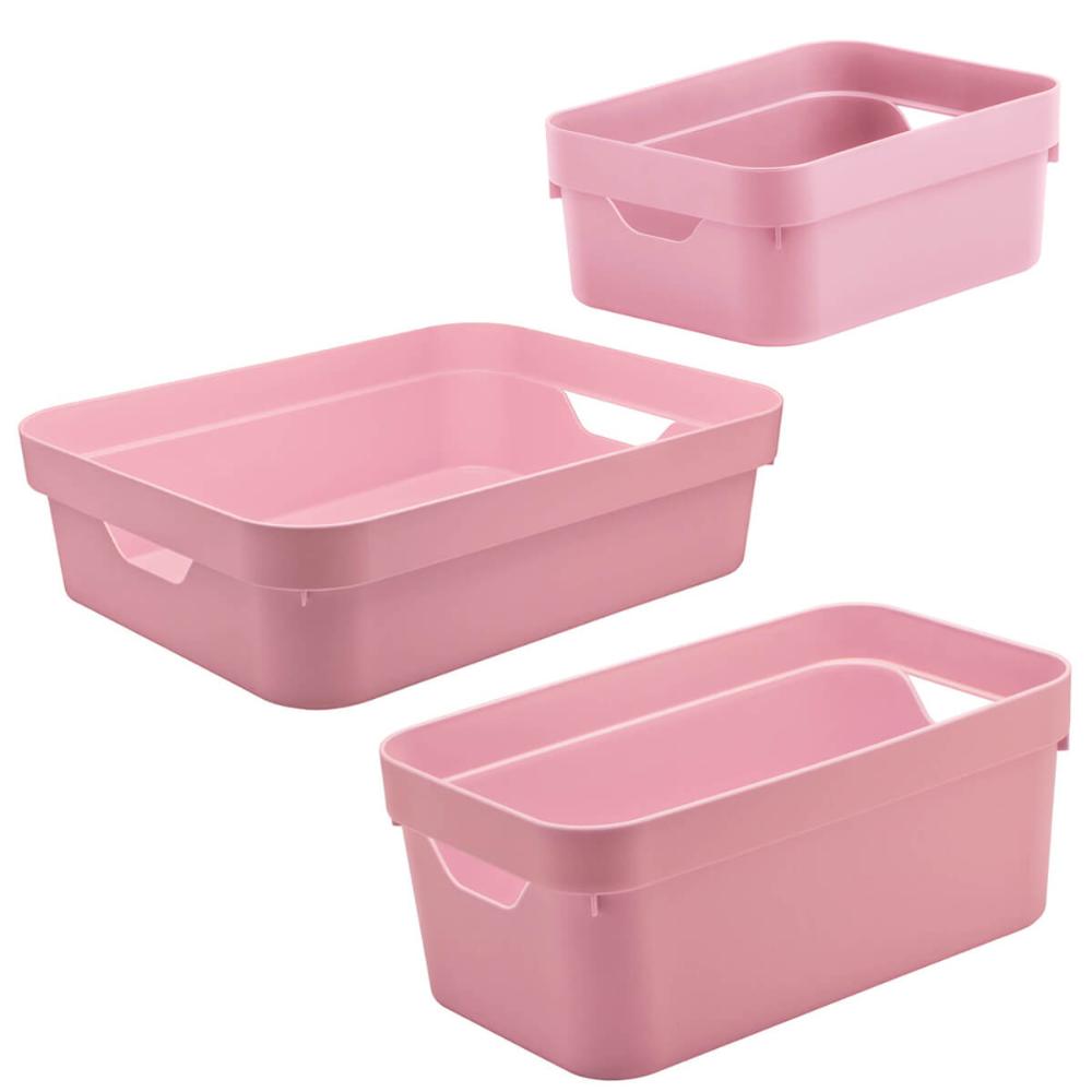 Conjunto 3 Caixas Organizadoras Multiuso Cesto Brinquedos Com Alça Rosa Quartzo