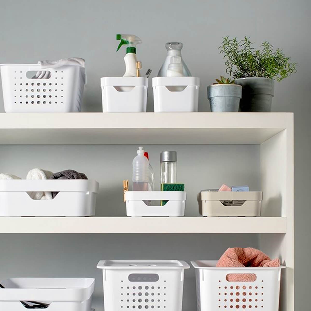 Conjunto 8 Caixas Organizadoras Cube Média 10,5L Plástico com Alças Laterais OU Bege