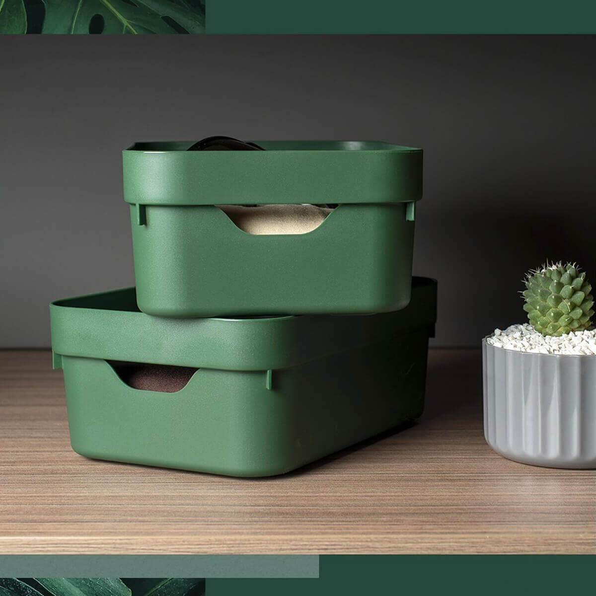 Conjunto 8 Caixas Organizadoras Cube Média 10,5L Plástico com Alças Laterais OU Verde Eucalipto