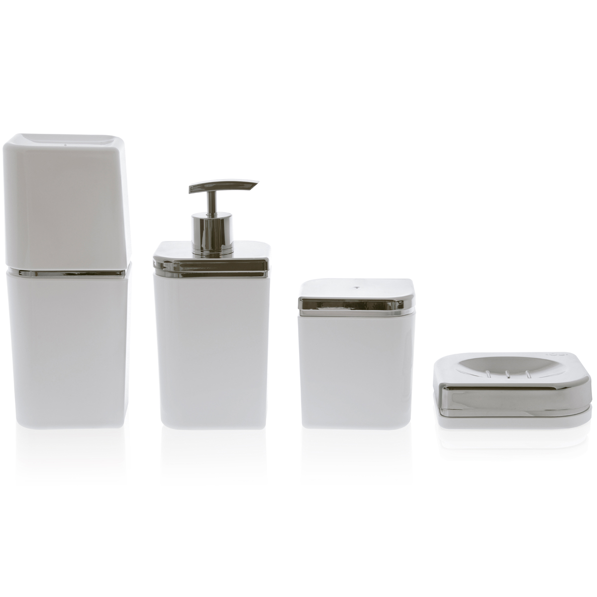 Conjunto Banheiro 4 Peças Sabonete Algodão Cotonete Escova Branco E Prata