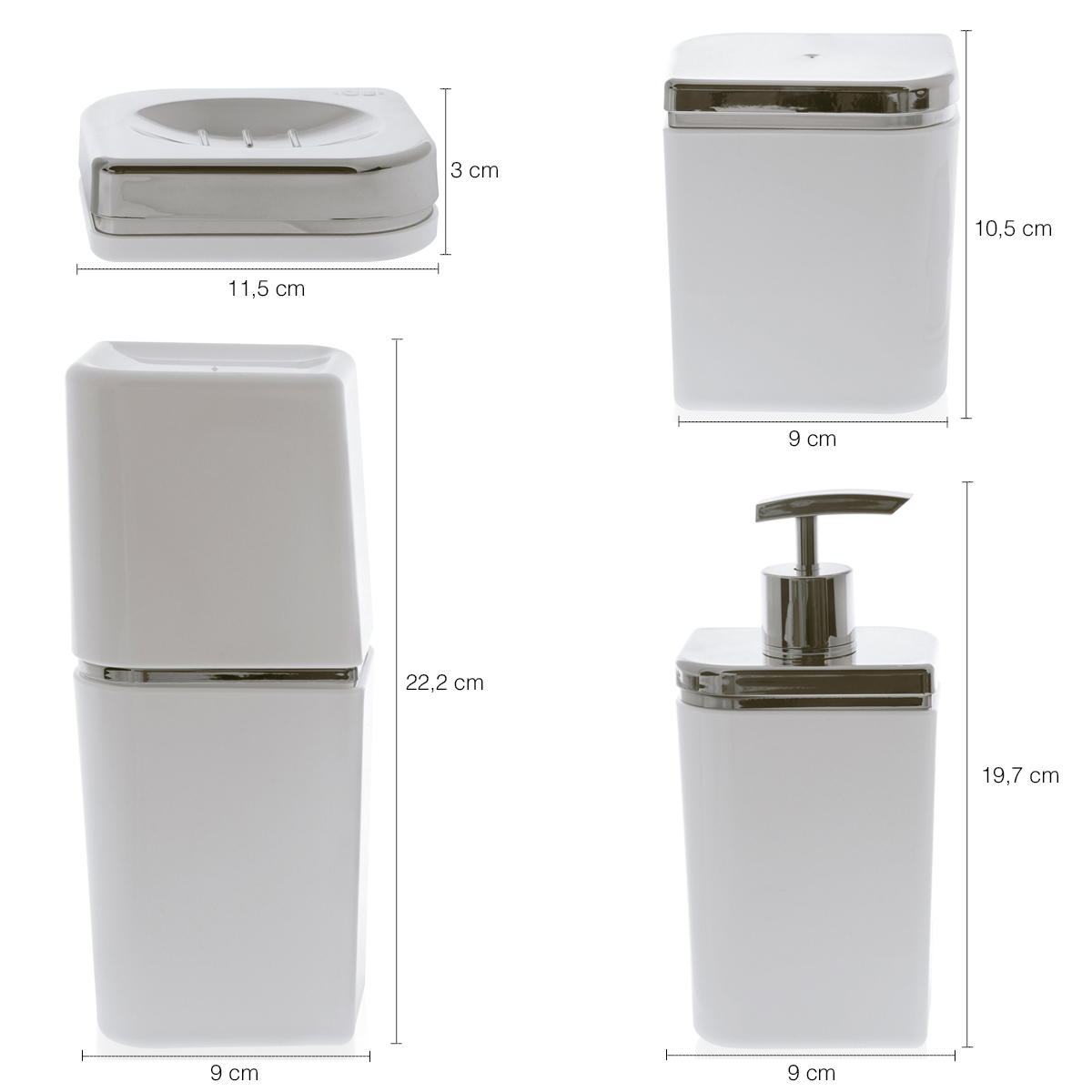 Conjunto Banheiro 4 Peças Sabonete Algodão Cotonete Escova Branco E Prata