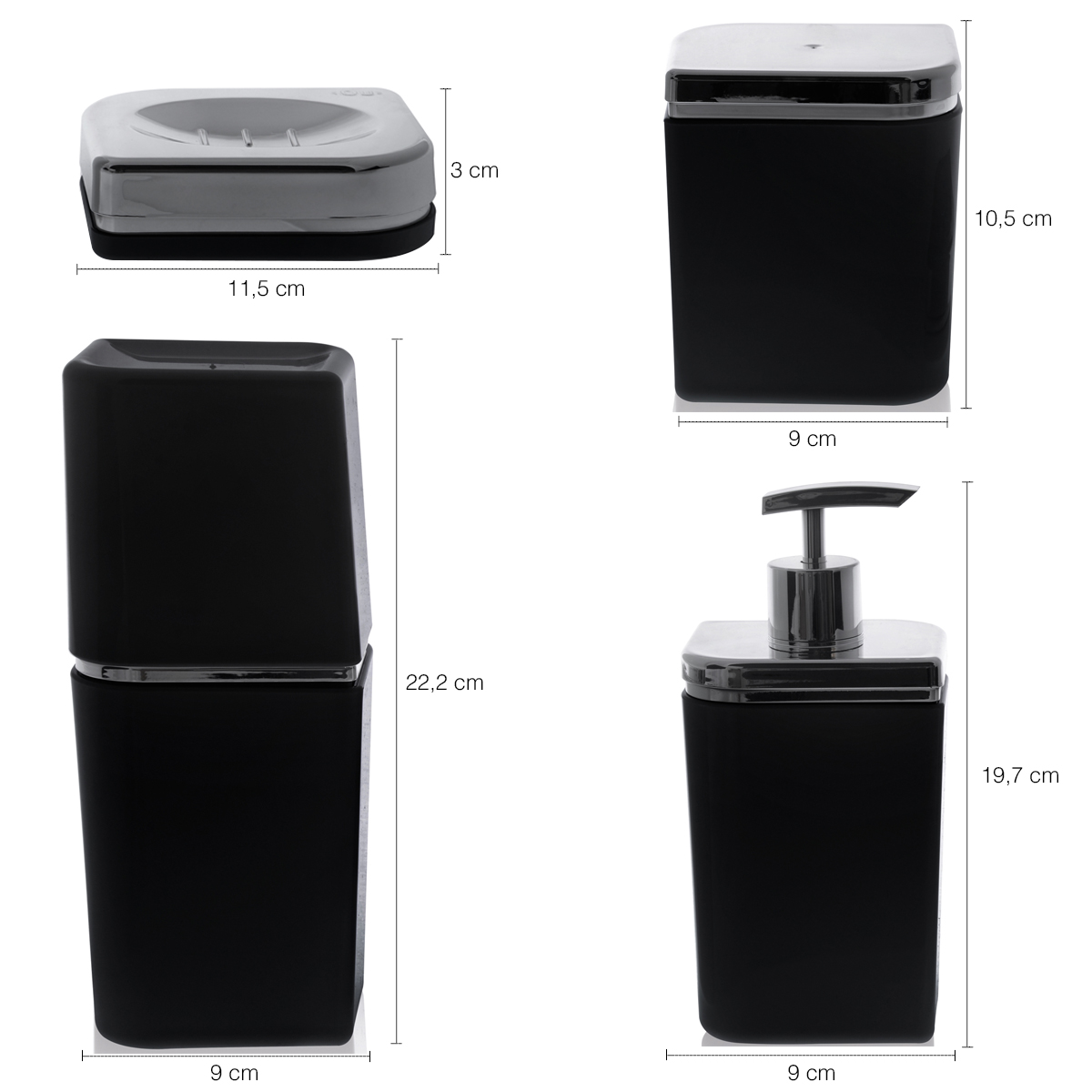 Conjunto Banheiro 4 Peças Sabonete Algodão Cotonete Escova Preto E Prata