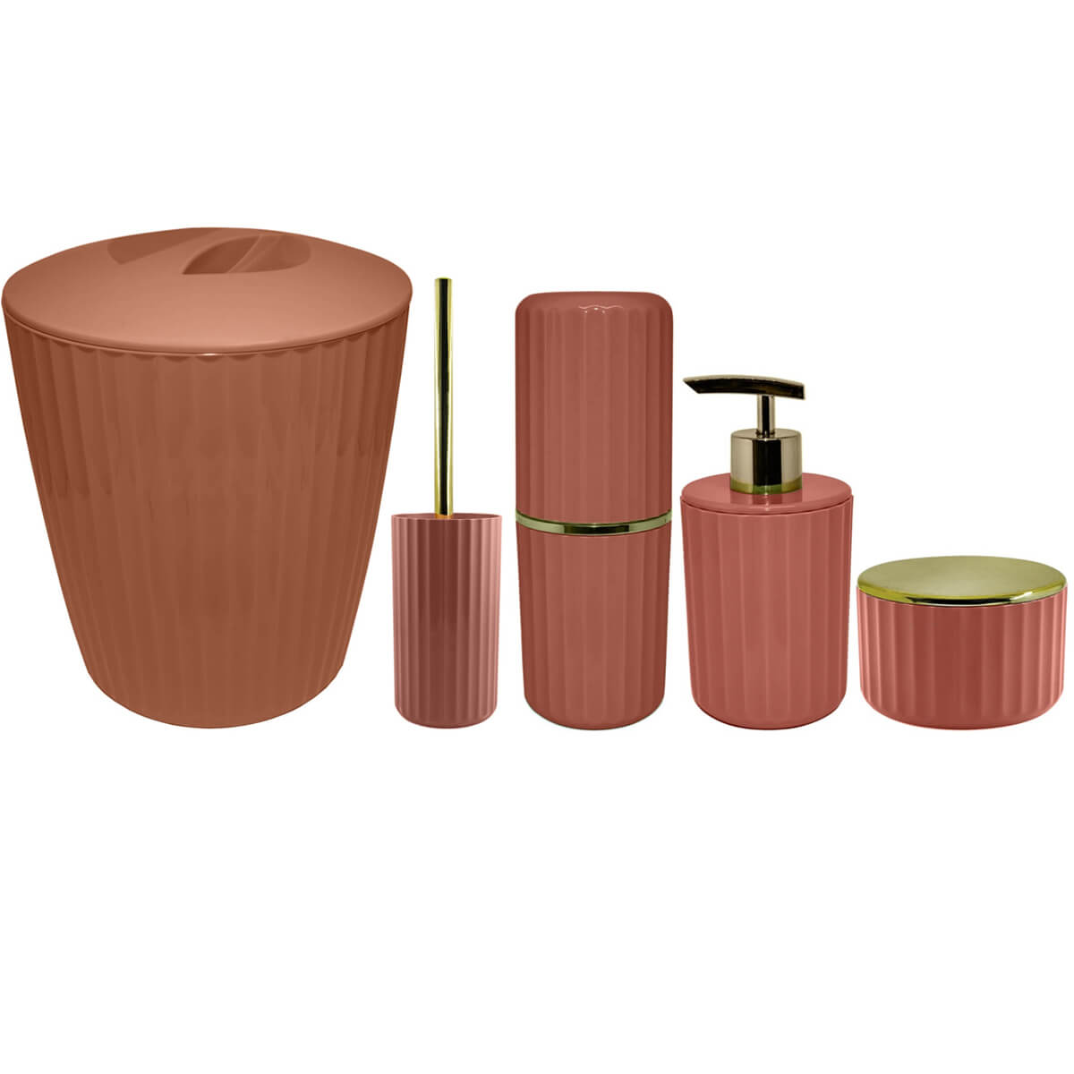 Conjunto Banheiro Lixeira Porta Escova Sabonete Líquido Porta Algodão Terracota Fechado