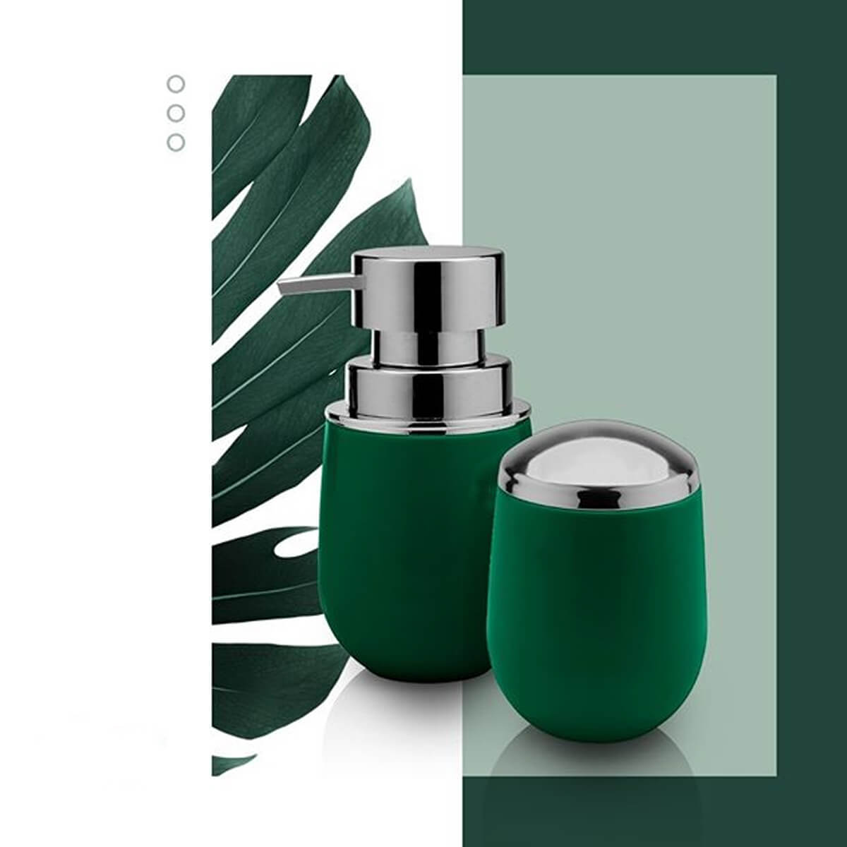 Conjunto Banheiro Saboneteiras Porta Escova Pote Para Algodão Verde Botânico