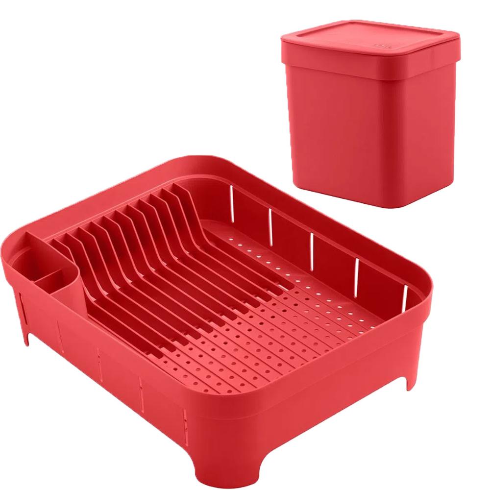 Conjunto Escorredor de Louças Pratos e Lixeira 2,5l OU para Pia ou Bancada Vermelho