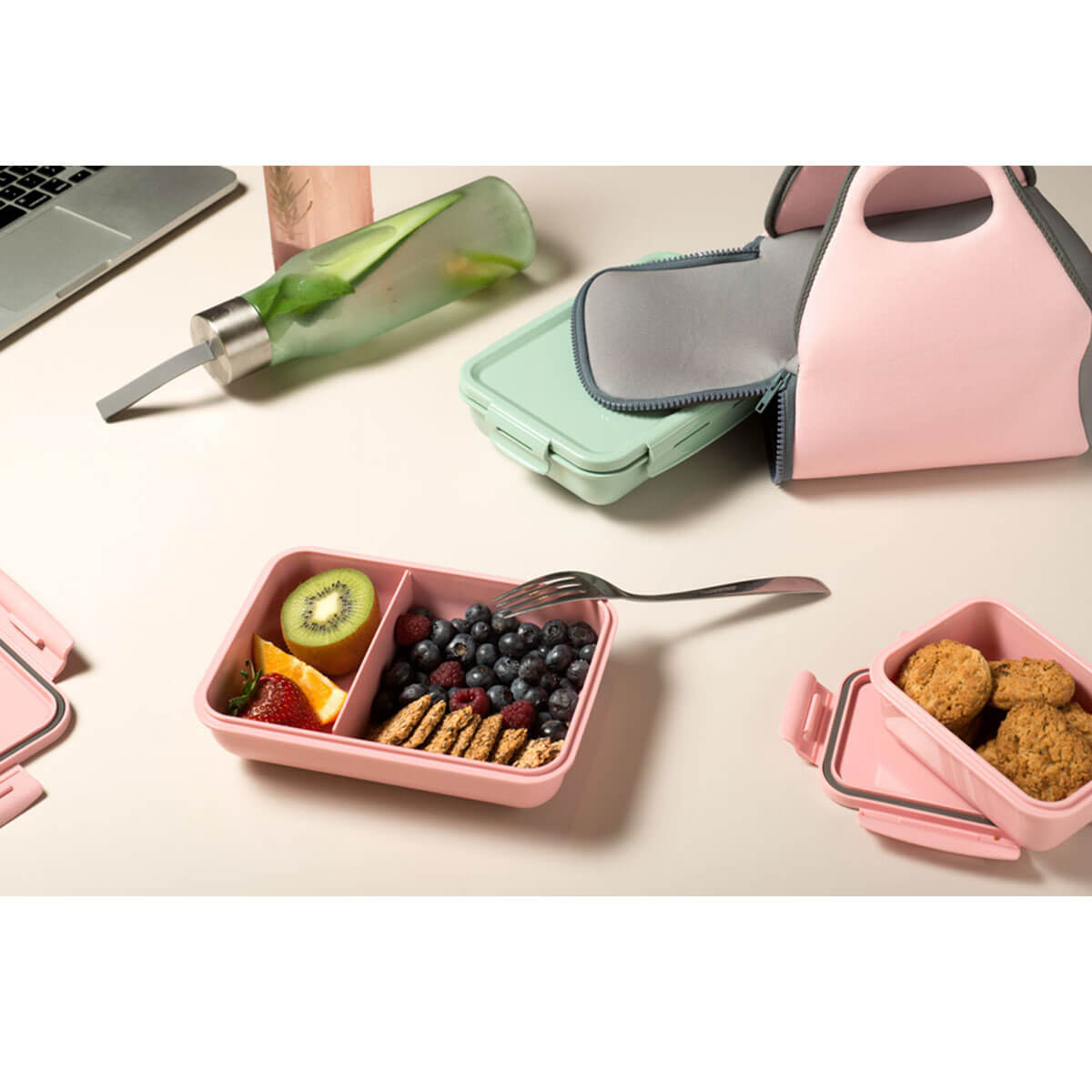 Conjunto Marmita Hermética E Sanduicheira Pote Para Lanches Frutas Rosa Quartzo