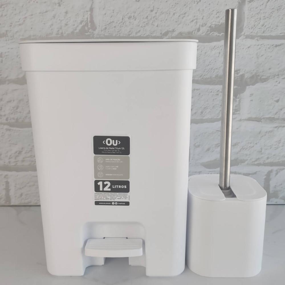 Conjunto para Banheiro Lixeira de Pedal 12L Trium e Escova Sanitária com Suporte Dual Branco OU