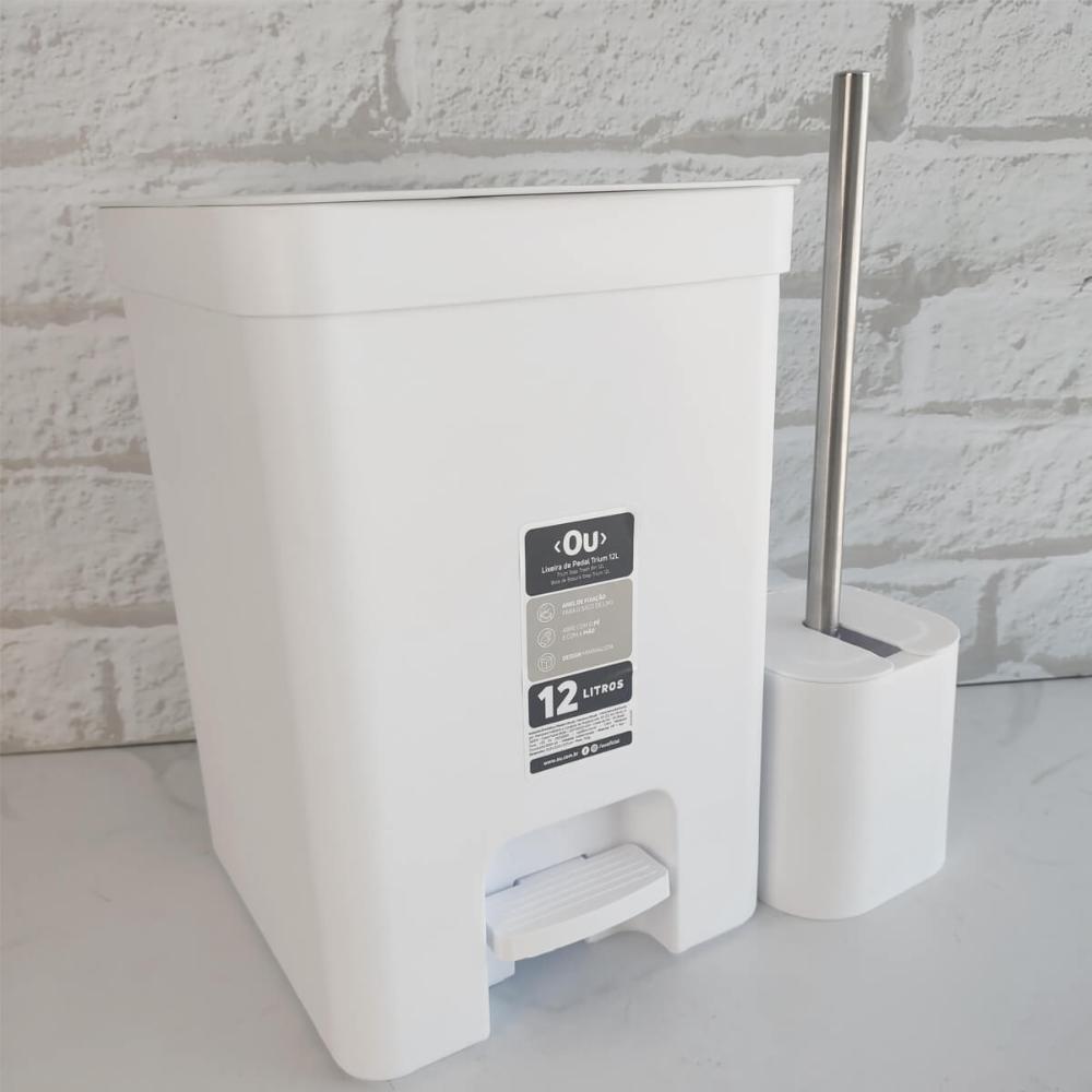 Conjunto para Banheiro Lixeira de Pedal 12L Trium e Escova Sanitária com Suporte Dual Branco OU