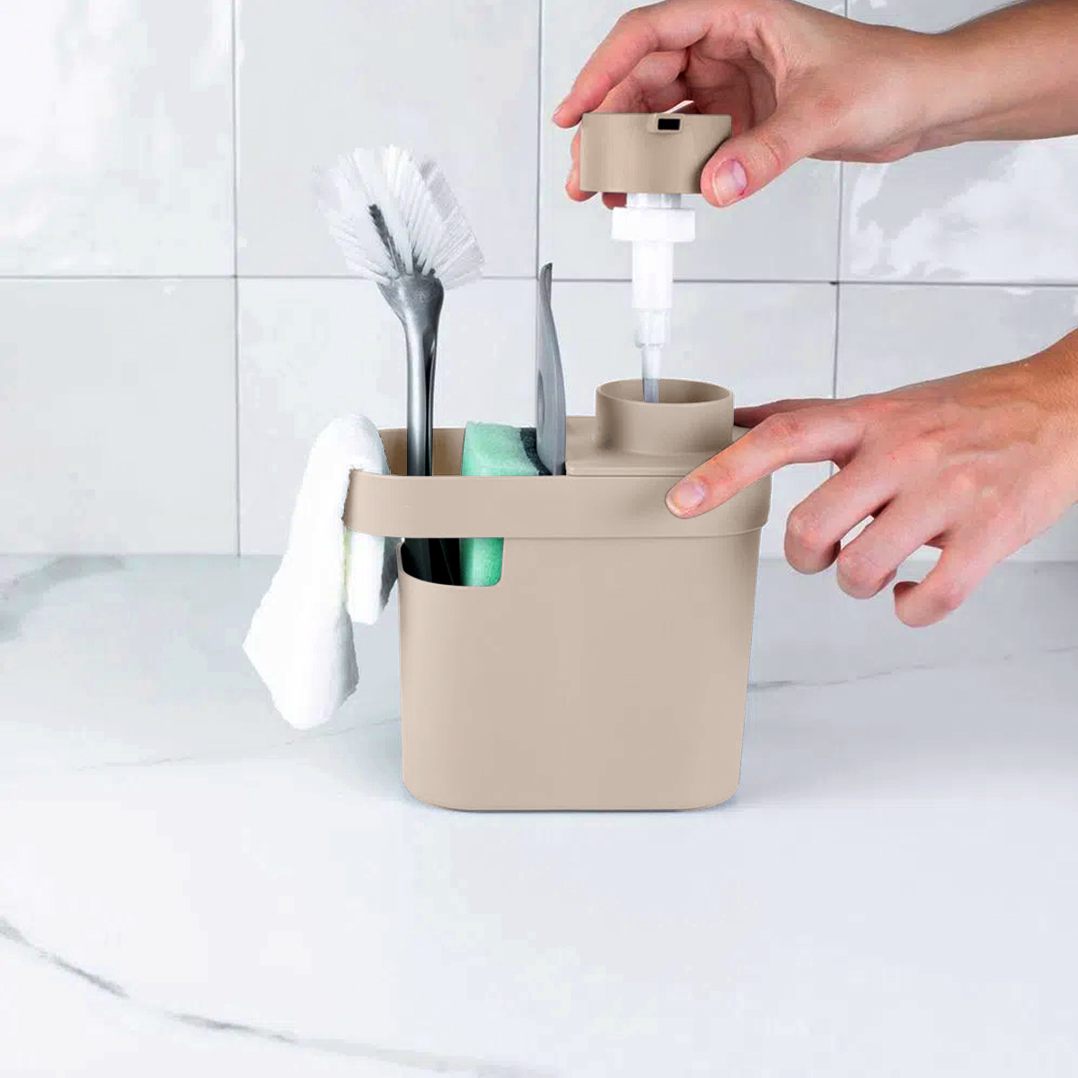 Dispenser De Detergente 650ml Organizador De Pia Porta Detergente E Esponja Bege OU