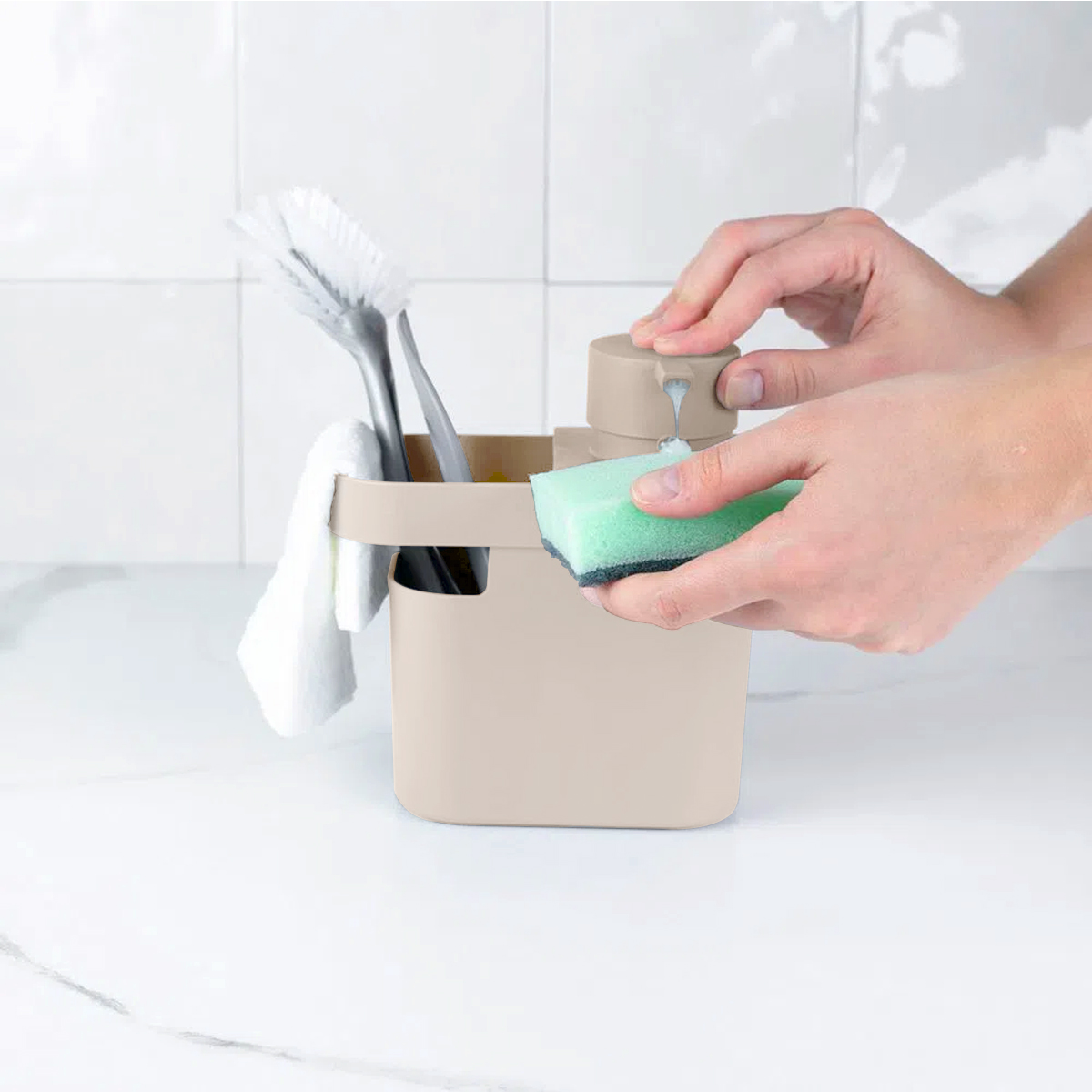 Dispenser De Detergente 650ml Organizador De Pia Porta Detergente E Esponja Bege OU