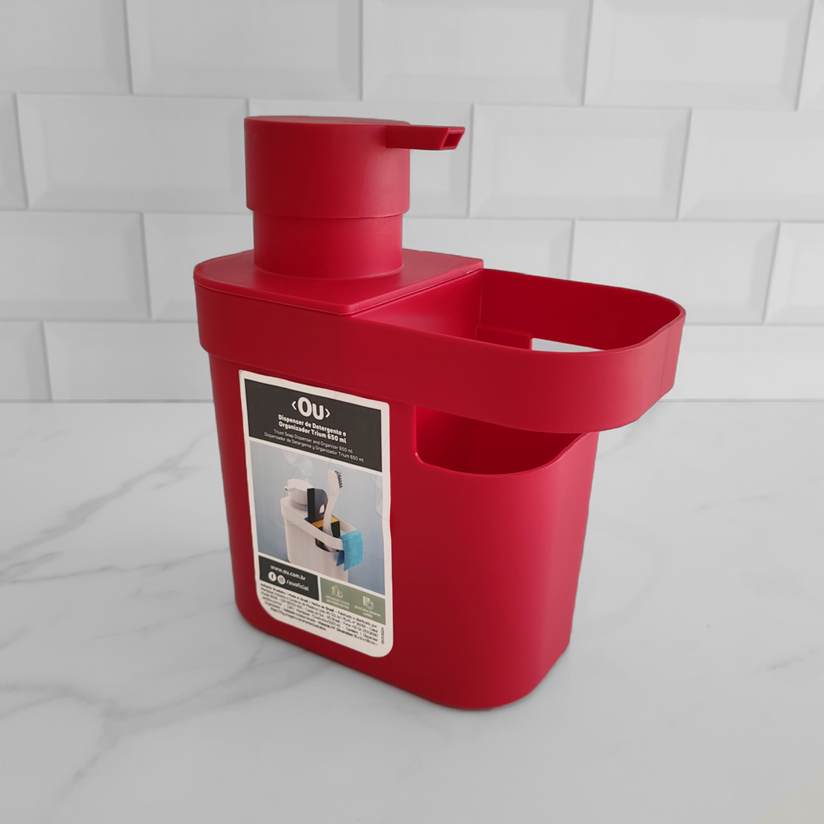 Dispenser De Detergente 650ml Organizador De Pia Porta Detergente E Esponja Vermelho OU
