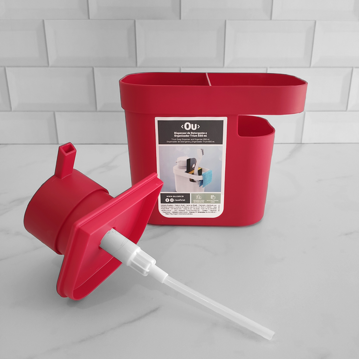 Dispenser De Detergente 650ml Organizador De Pia Porta Detergente E Esponja Vermelho OU
