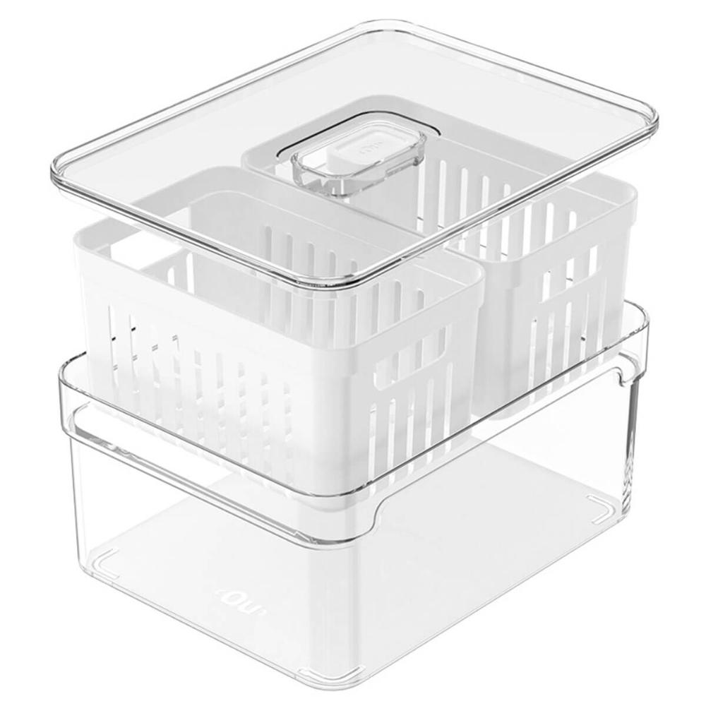 Kit 2 Organizadores Clear Fresh 2,2l com 2 Cestos para Geladeira Frutas Legumes Ou