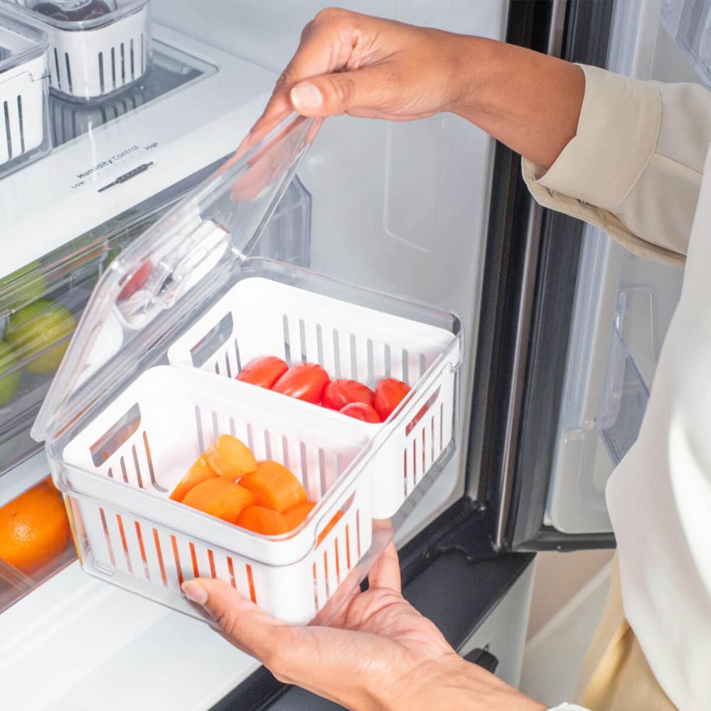 Kit 2 Organizadores Clear Fresh 2,2l com 2 Cestos para Geladeira Frutas Legumes Ou