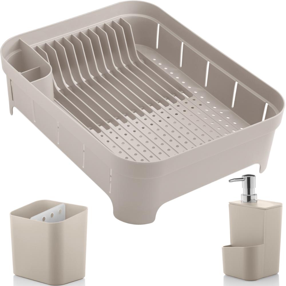 Kit 3 Utensílios Escorredor De Louça Talher Porta Detergente Bege