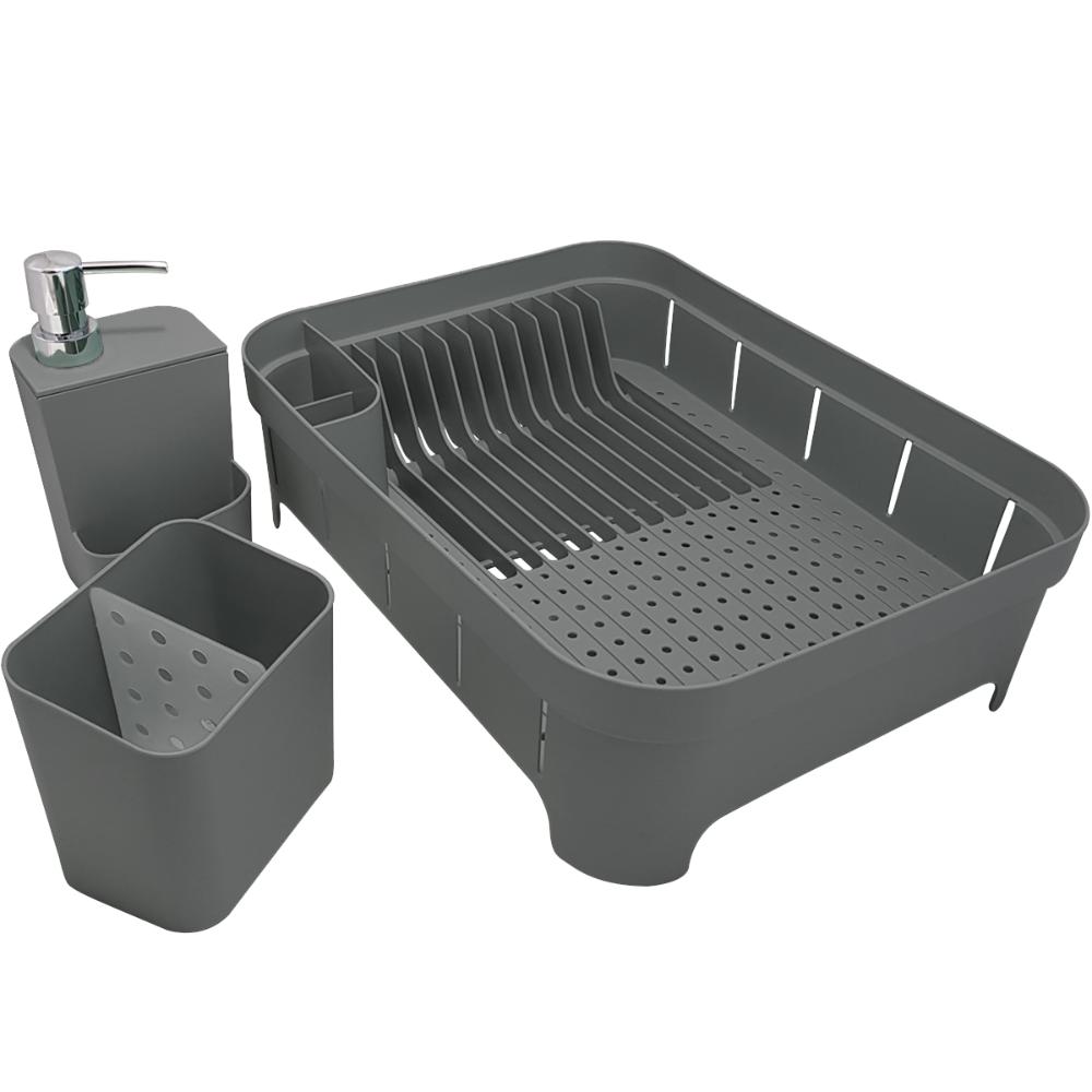Kit 3 Utensílios Escorredor De Louça Talher Porta Detergente Chumbo