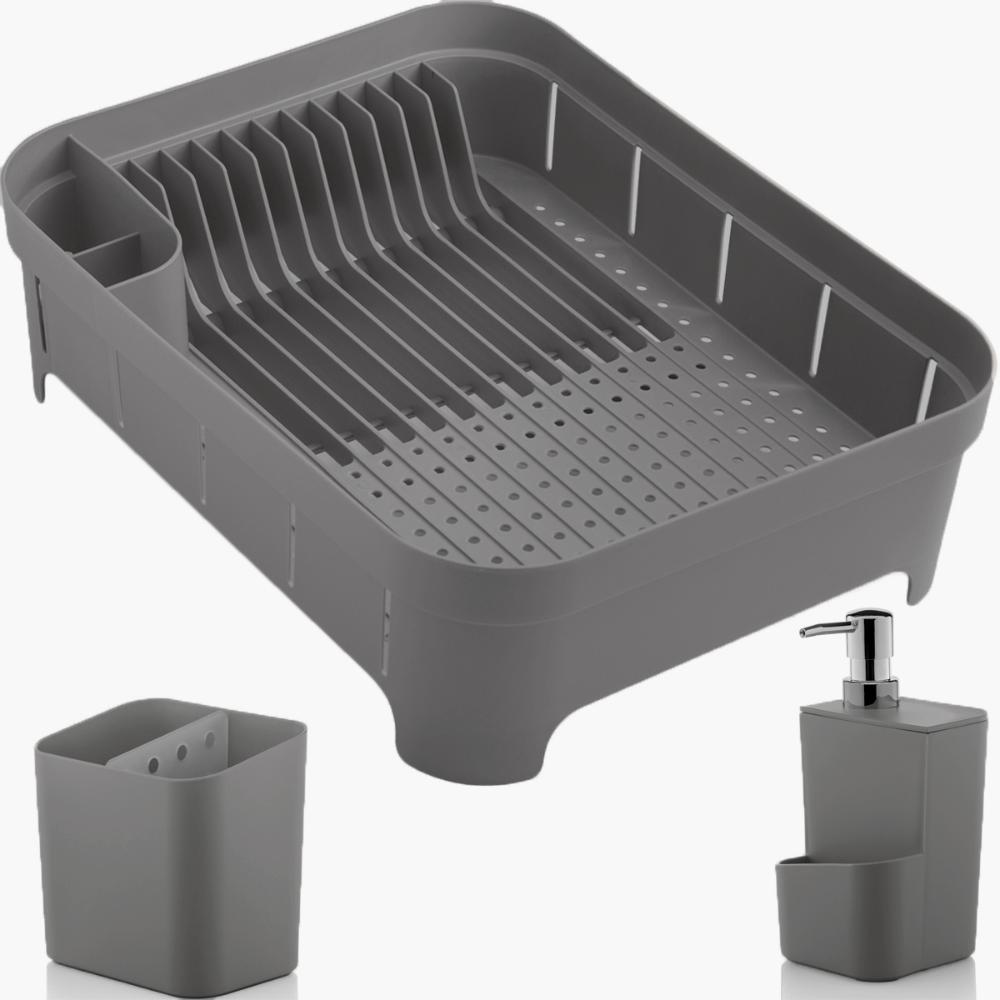 Kit 3 Utensílios Escorredor De Louça Talher Porta Detergente Chumbo
