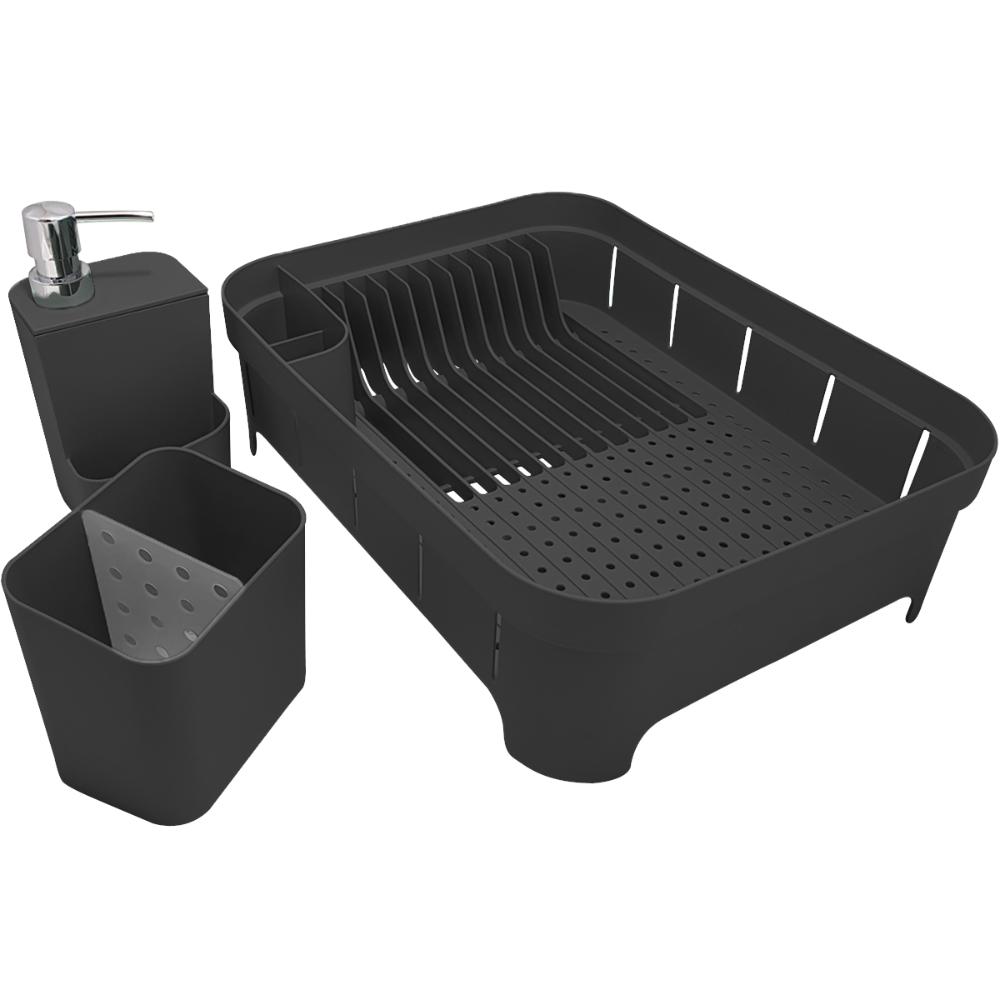Kit 3 Utensílios Escorredor De Louça Talher Porta Detergente Preto