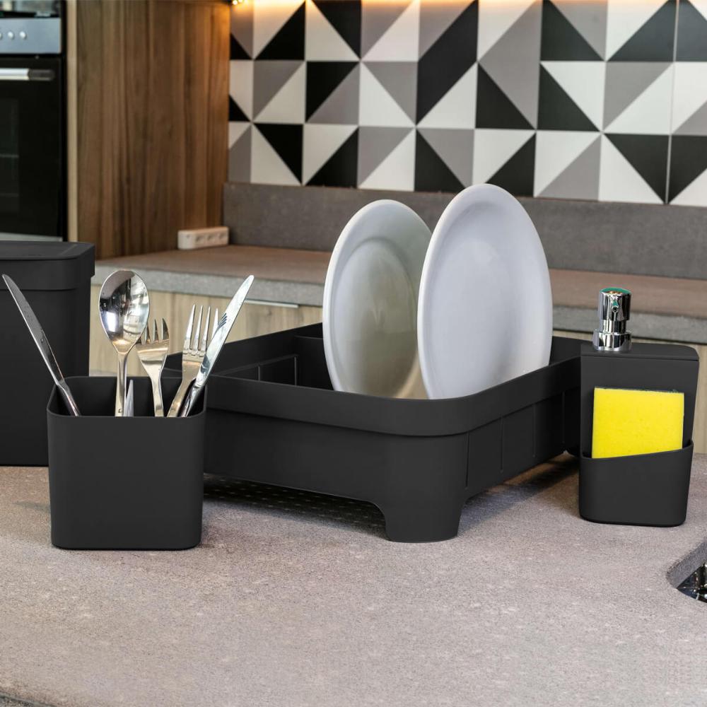 Kit 3 Utensílios Escorredor De Louça Talher Porta Detergente Preto