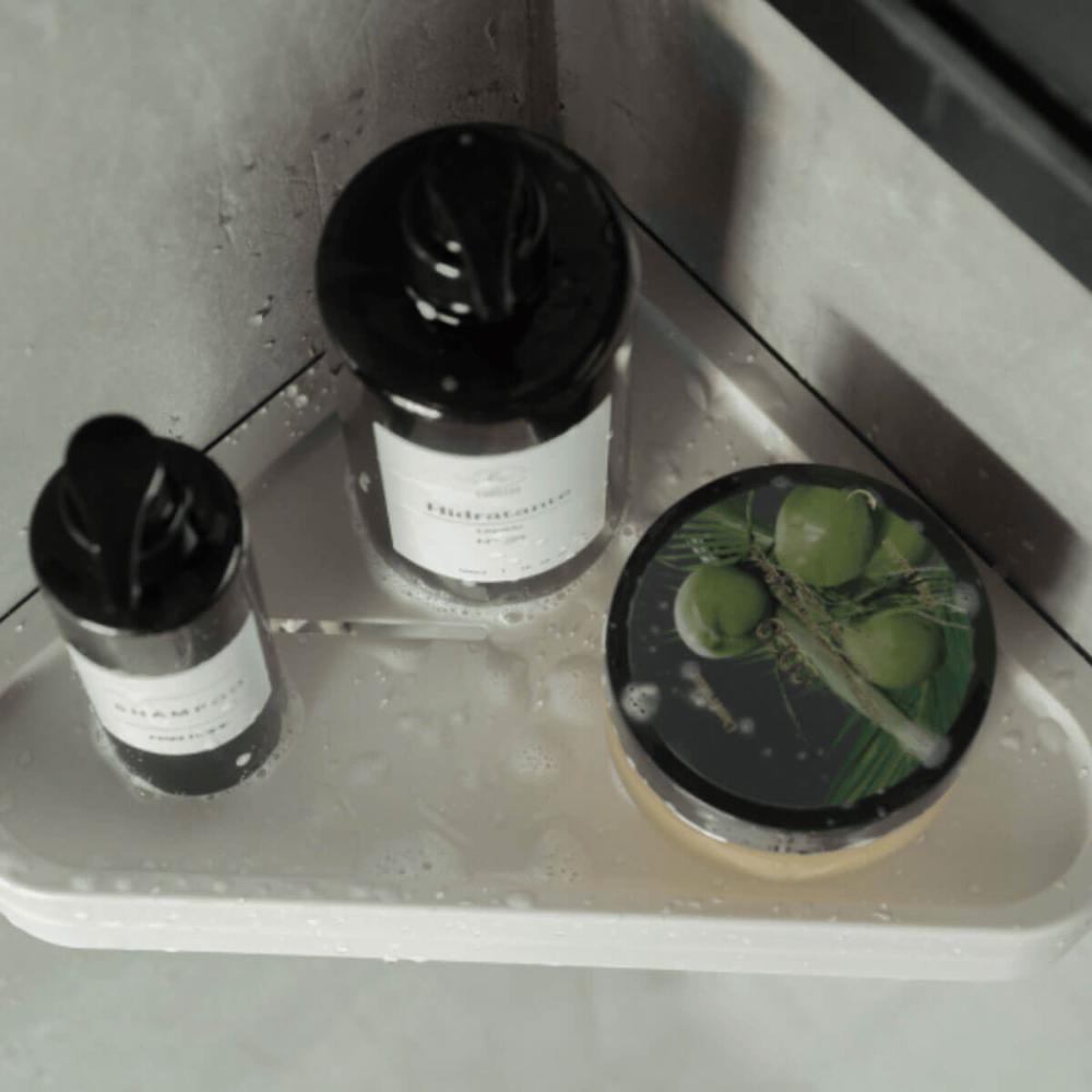 Kit 4 Acessórios para Banheiro Fixação Adesivo Bege Porta Shampoo Toalheiro Papeleira Tampa Eleve
