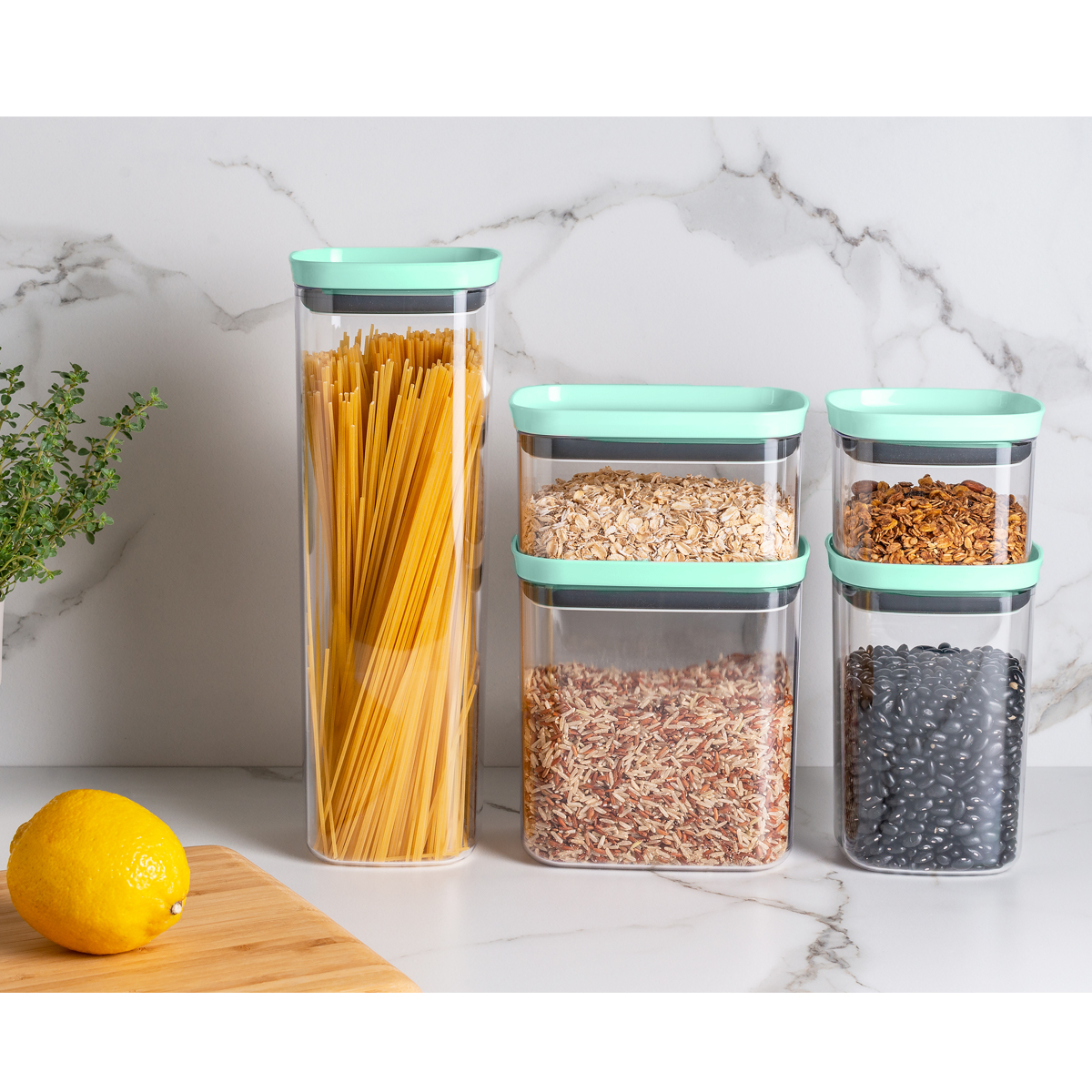 Kit 6 Potes Herméticos Retangulares Pequenos com Tampa 650ml Porta Mantimentos Cozinha Verde Menta