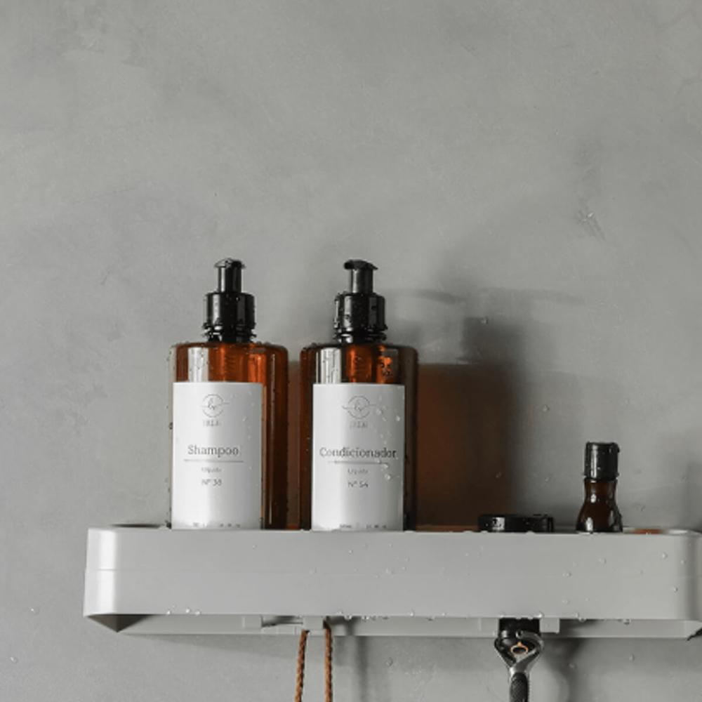 Kit Banheiro 6 pçs Porta Shampoo Toalheiro Papeleira Gancho Lixeira Escova Sanitária Adesivo Bege