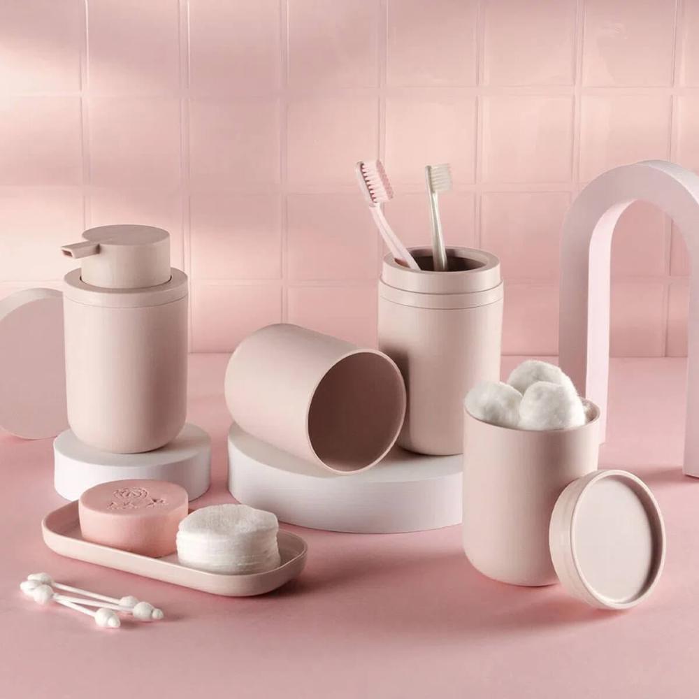 Kit Banheiro Bold Saboneteira Porta Escova Sanitária Lixeira 6L Porta Algodão Rosa