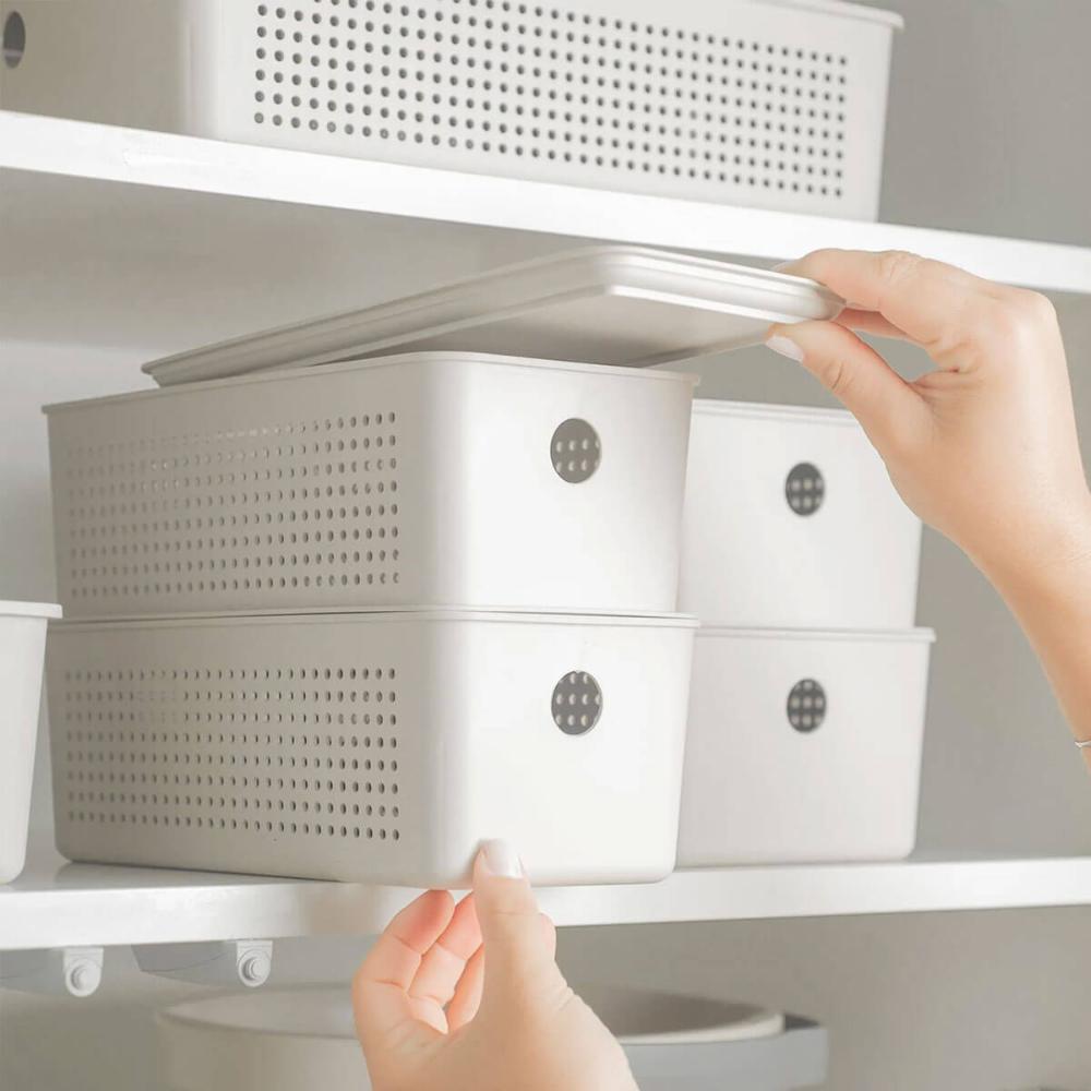 Kit Caixas Organizadoras com Tampa Flow 3L 5,4L e 12L Bege Empilháveis Lavanderia Closet