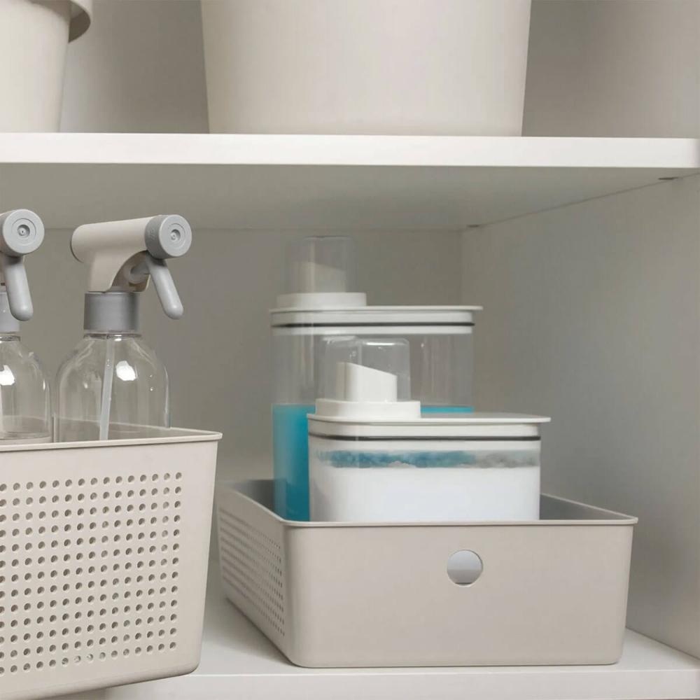 Kit Caixas Organizadoras com Tampa Flow 3L 5,4L e 12L Bege Empilháveis Lavanderia Closet