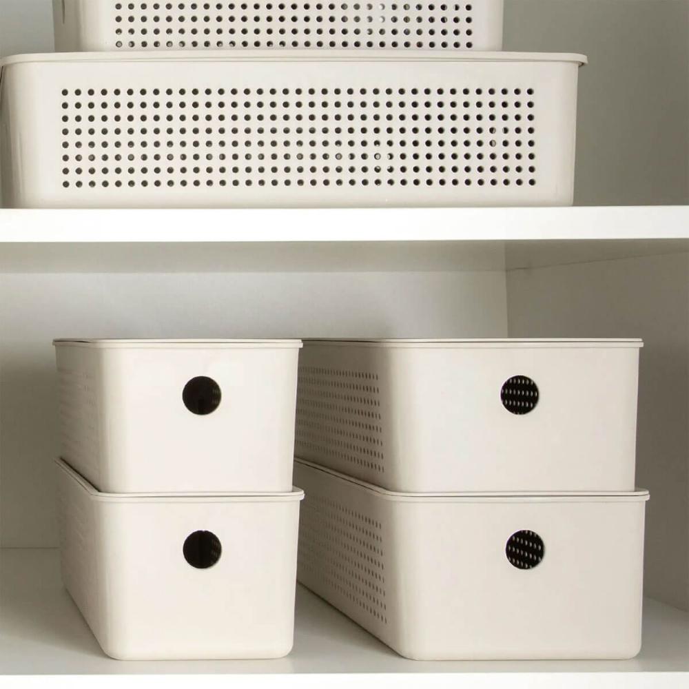 Kit Caixas Organizadoras com Tampa Flow 3L 5,4L e 12L Bege Empilháveis Lavanderia Closet