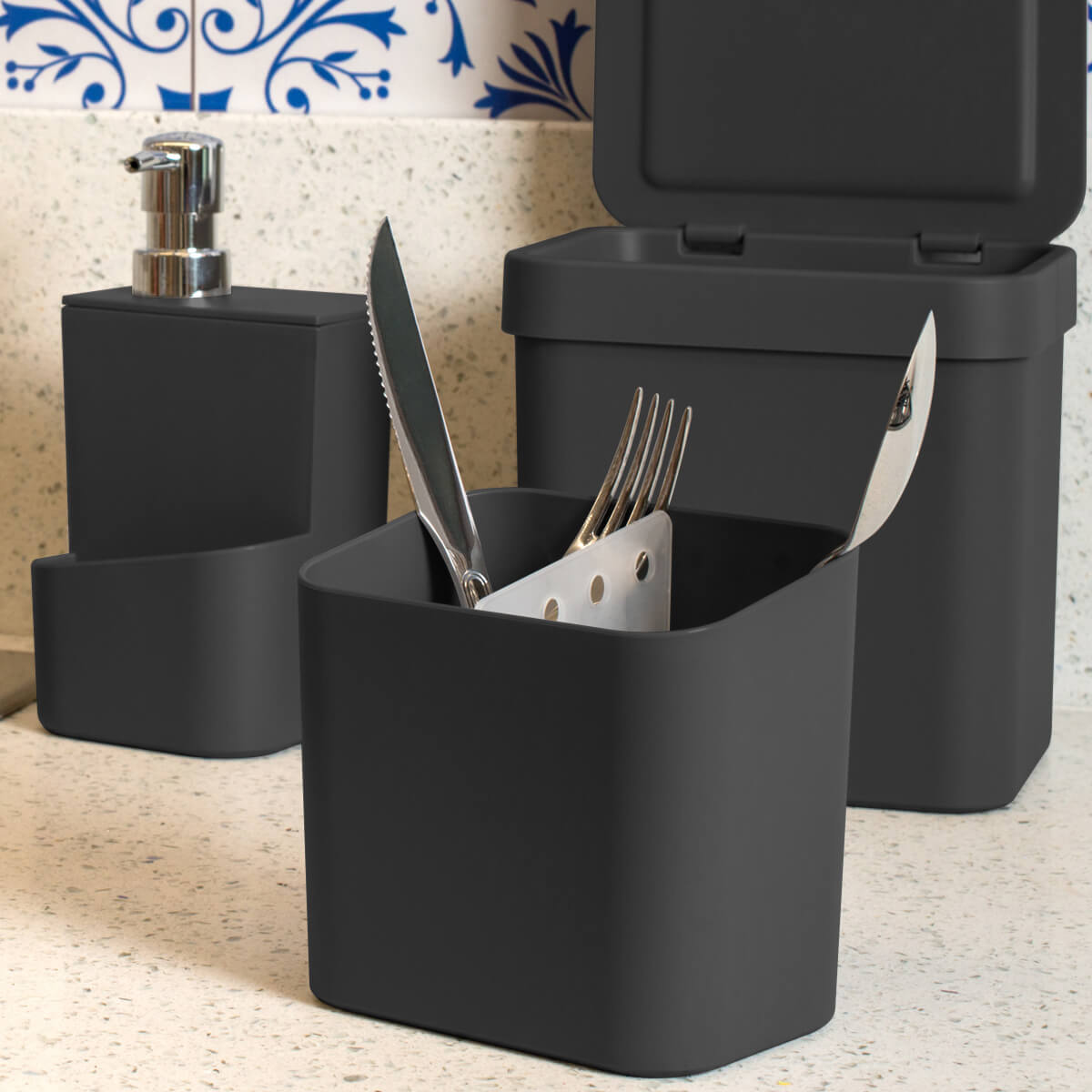 Kit Escorredor De Talheres E Dispenser Para Detergente Esponja Cozinha Preto