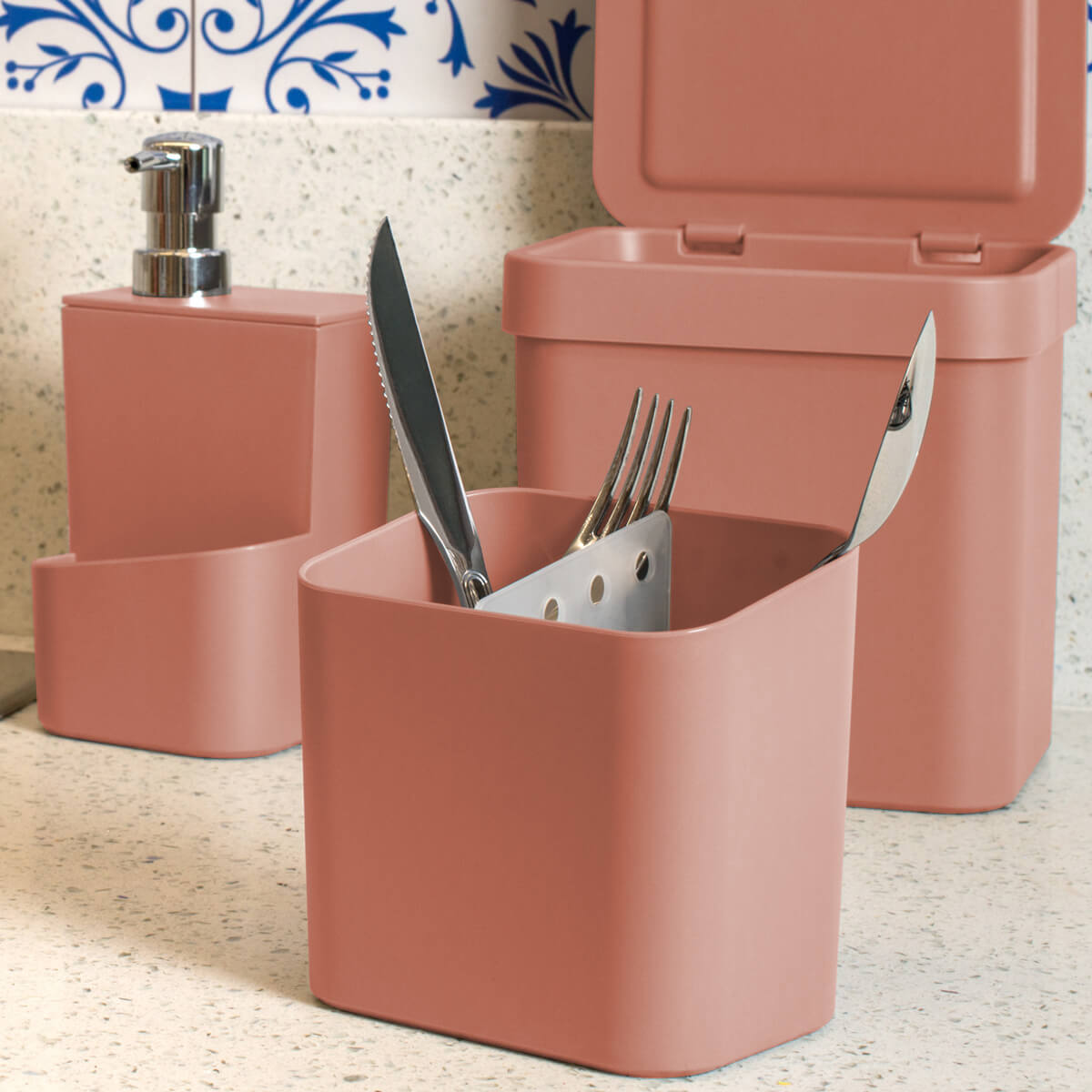Kit Escorredor De Talheres E Dispenser Para Detergente Esponja Cozinha Terracota
