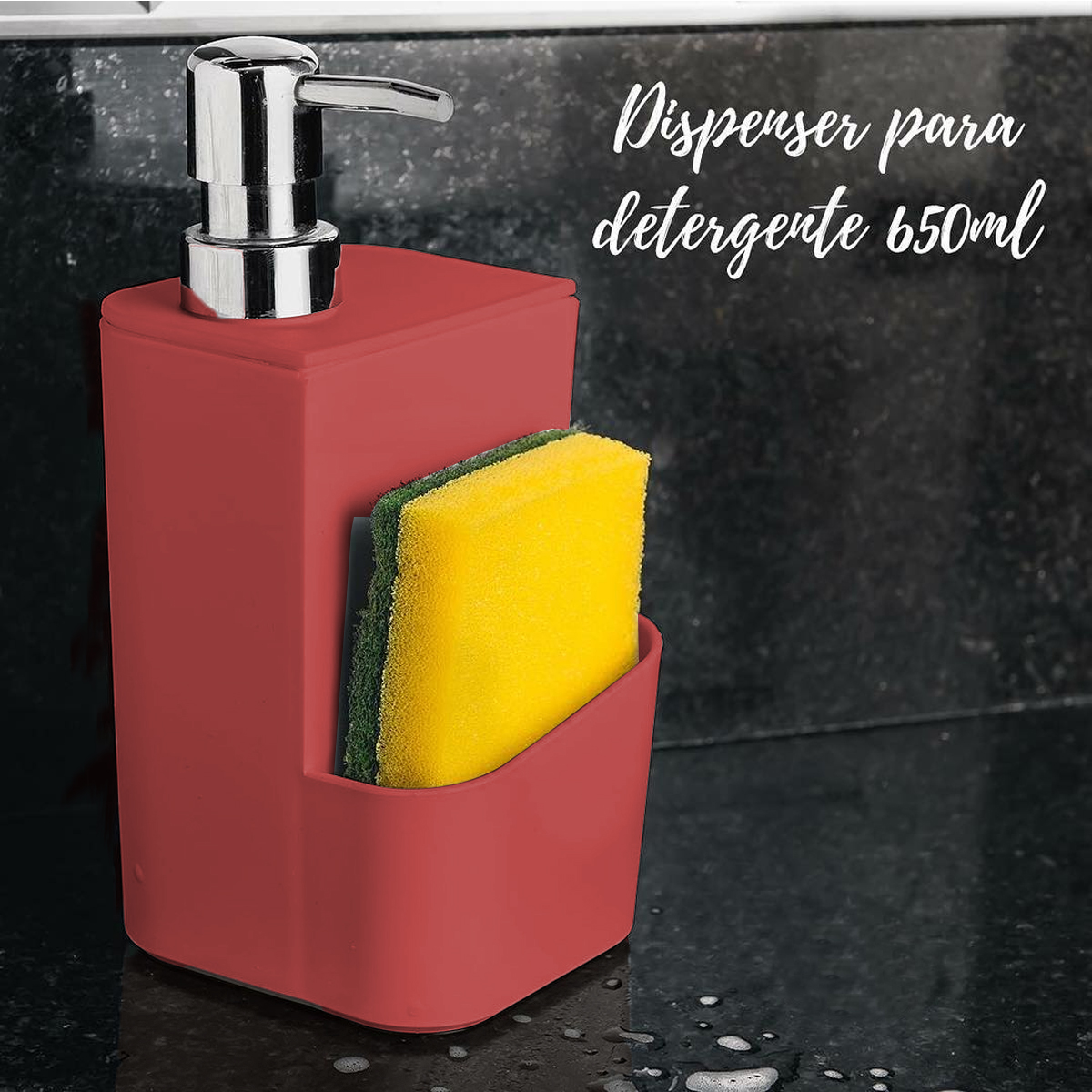 Kit Escorredor De Talheres E Dispenser Para Detergente Esponja Cozinha Vermelho