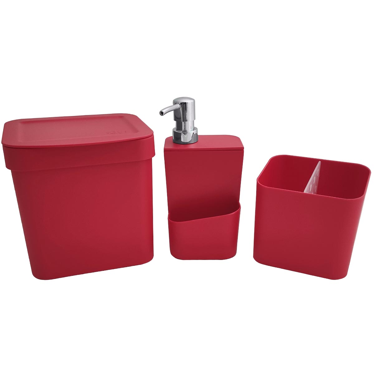 Kit Escorredor De Talheres Porta Detergente Lixeira Cozinha Vermelho