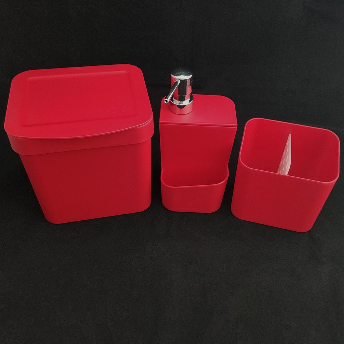 Kit Escorredor De Talheres Porta Detergente Lixeira Cozinha Vermelho