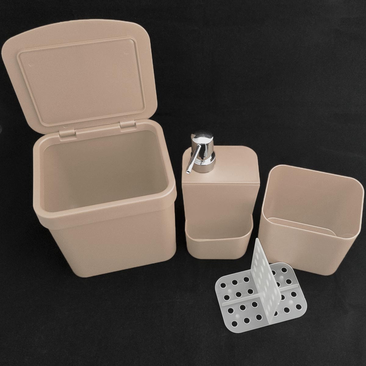 Kit Escorredor Louça Talheres Porta Detergente E Lixeira Ou Bege