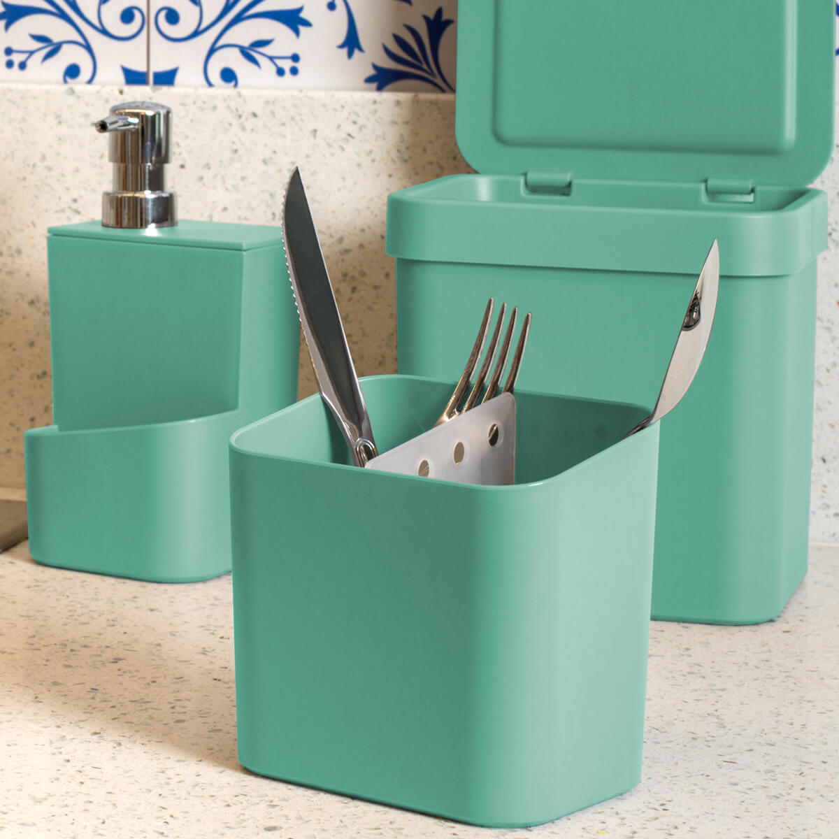Kit Escorredor Louça Talheres Porta Detergente E Lixeira Ou Verde Menta